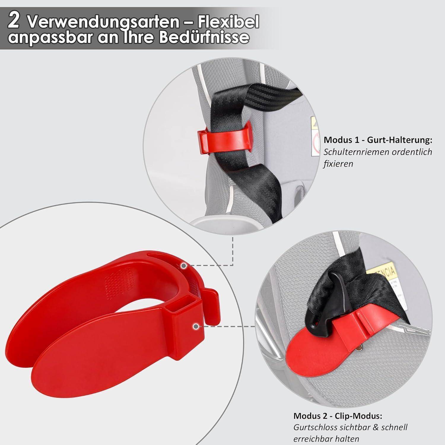 Infografik, die einen roten verstellbaren Gürtelhalter mit zwei Verwendungsmöglichkeiten zeigt: Modus 1 sichert Schultergurte ordentlich; Modus 2 wird an sichtbaren, schnell erreichbaren Gürtelschnallen befestigt.