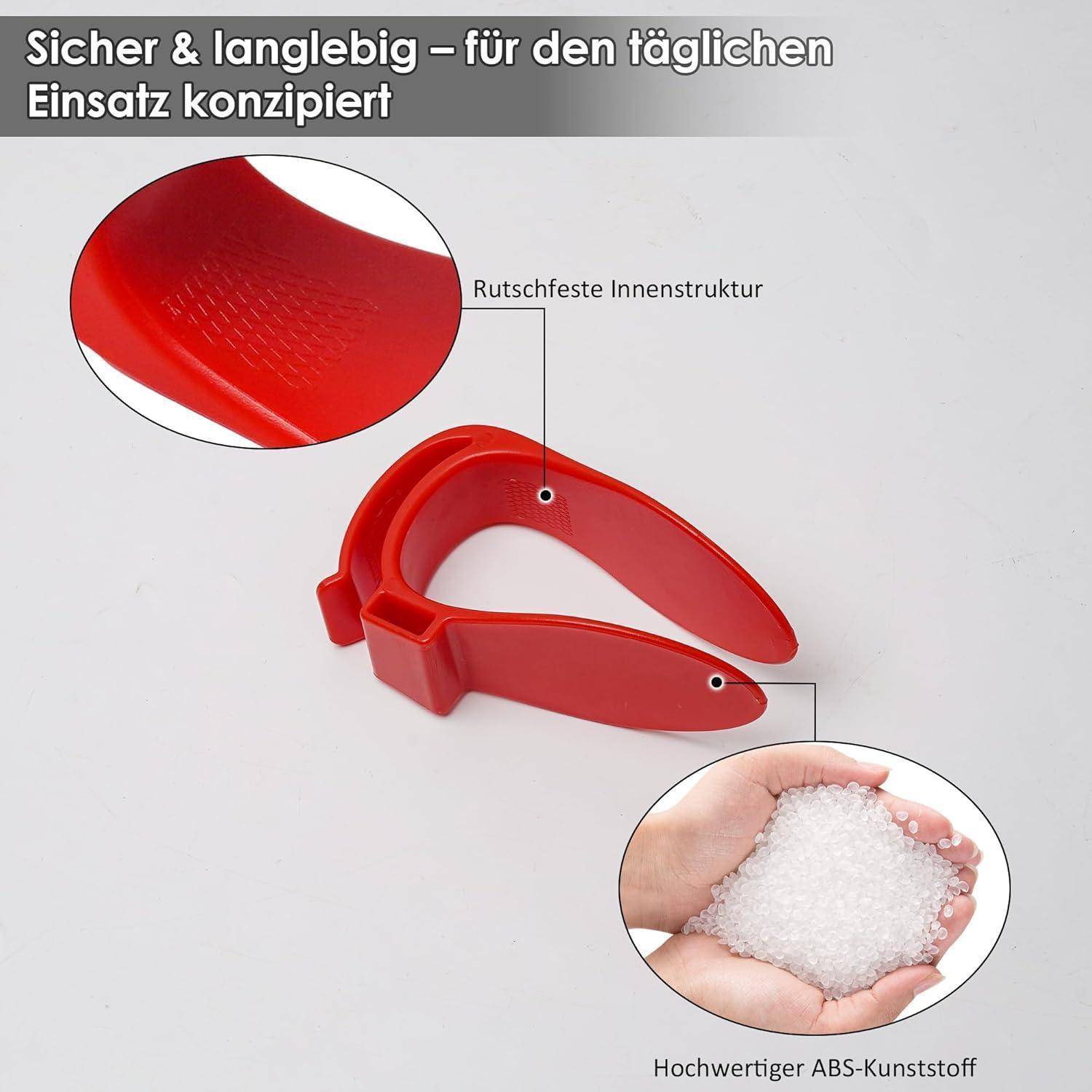 Roter Kunststoff-Schutzclip mit Nahaufnahmen, die die rutschfeste innere Textur und weiße Kunststoffkügelchen zeigen; deutscher Text besagt, dass er langlebig für den täglichen Gebrauch ist und aus hochwertigem ABS-Kunststoff hergestellt wird.