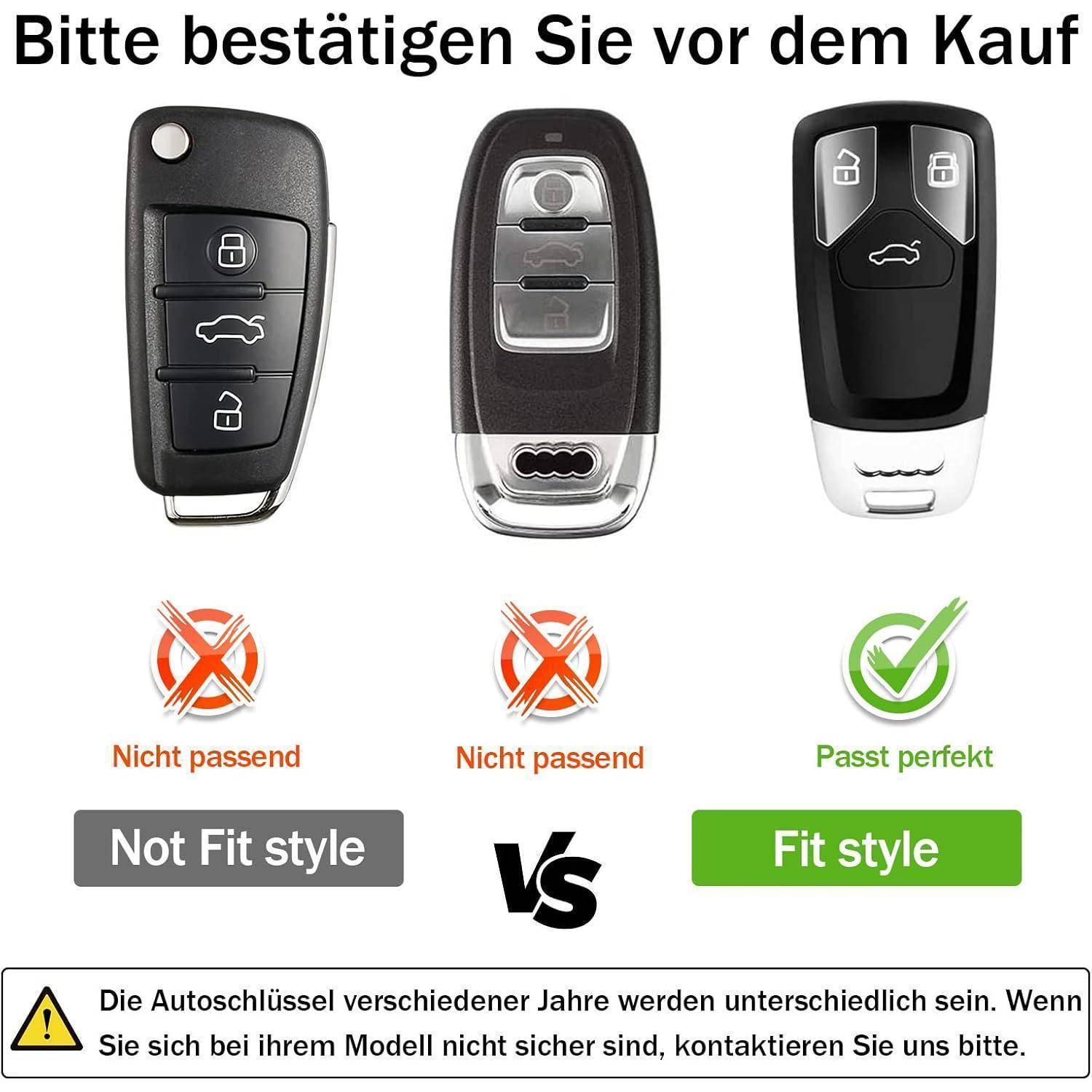 Vergleichsgrafik von drei Autoschlüsseln: zwei mit der Kennzeichnung „Nicht passend/Not Fit style
