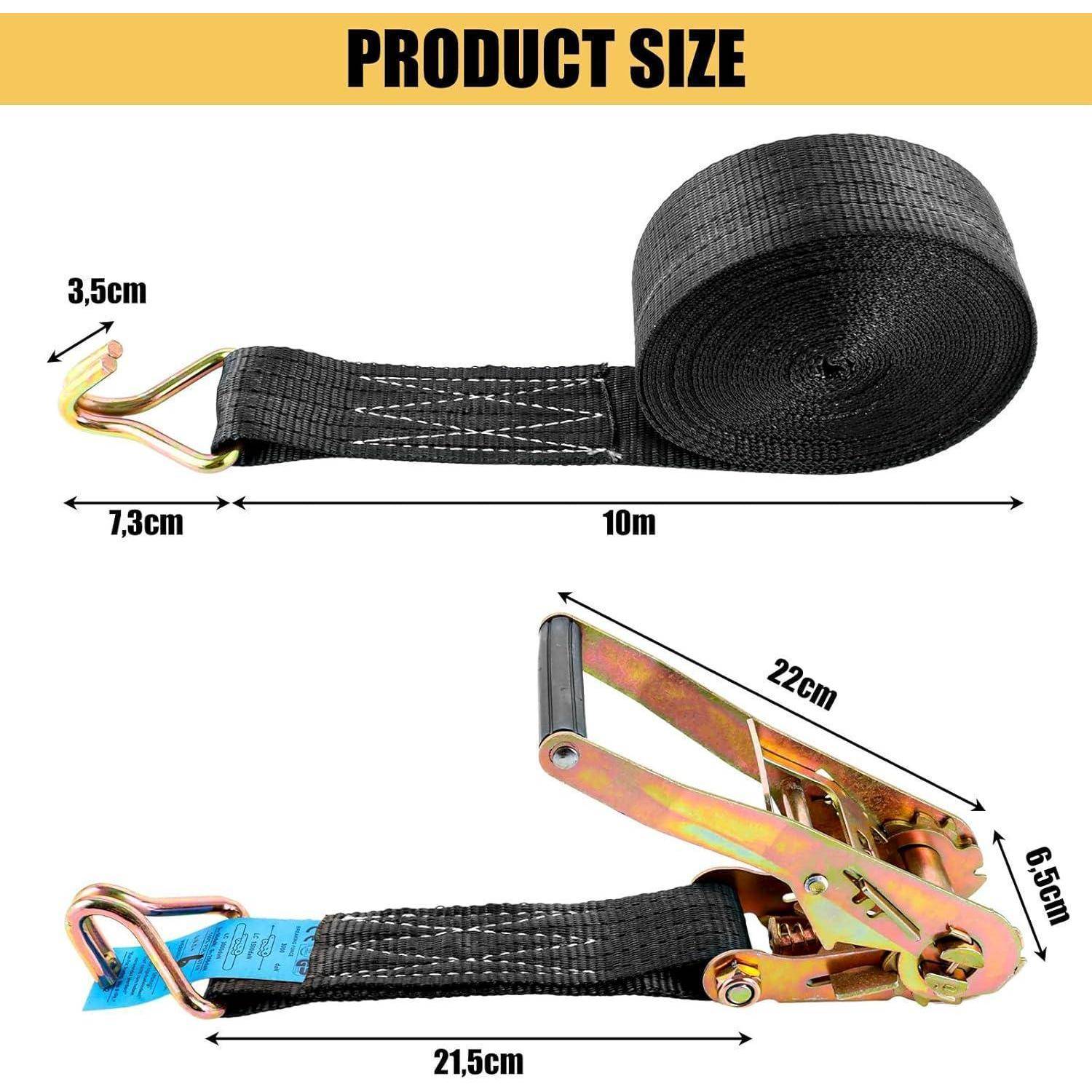 Produktgrößendiagramm mit einer schwarzen Spanngurt-Rolle und Ratschenschnalle, mit beschrifteten Messungen von 10m Länge, 3,5cm Breite, 7,3cm, 21,5cm, 22cm und 6,5cm.