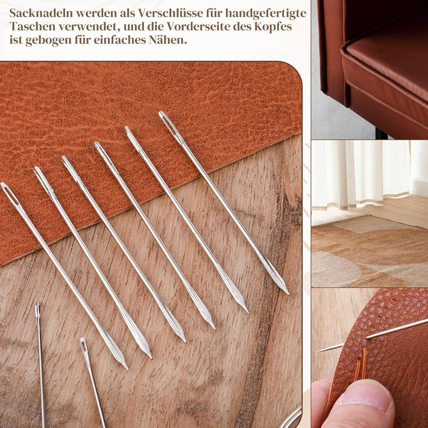Collage mit Silbersacknähnadeln für die Handnähmitarbeiten an Taschen, mit Nahaufnahmen von Ledermaterial und Nähtelierungsanwendungen.