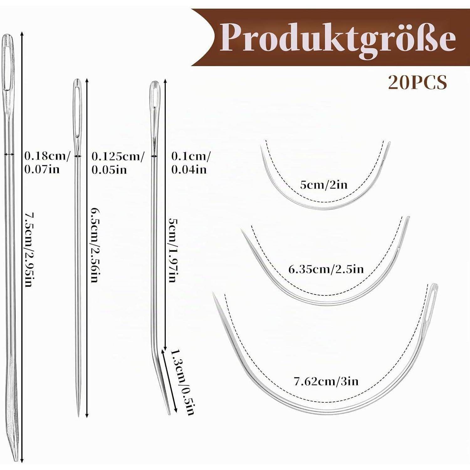 Größentabelle für Produkte mit 20 Nähnadeln und Abmessungen, einschließlich Längen von 5cm bis 7,5cm und gekrümmte Größen 5cm, 6,35cm und 7,62cm.