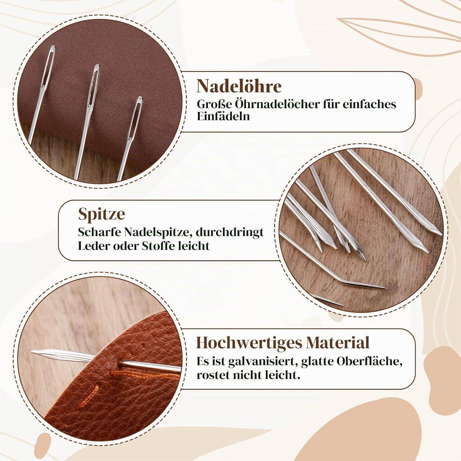Infografik von Nähnadeln mit Hervorhebung großer Nadelöhre, scharfer Spitzen und hochwertigem verzinktem Material; der Text sagt „Nadelöhre
