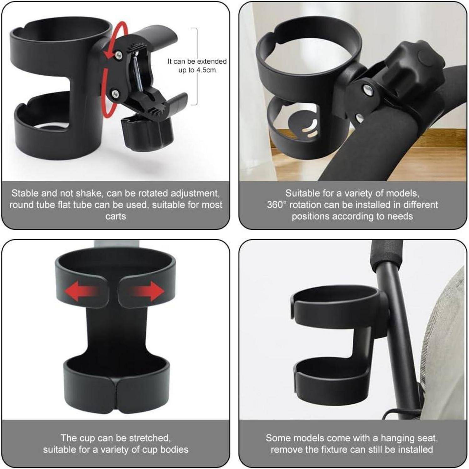 Vierteiligeproduktabbildung einer verstellbaren schwarzen Wagen-Getränkehalterklammer, die ausziehbare, drehbare und Stretch-Fit-Installation auf Rohren oder Lenkstangen zeigt.