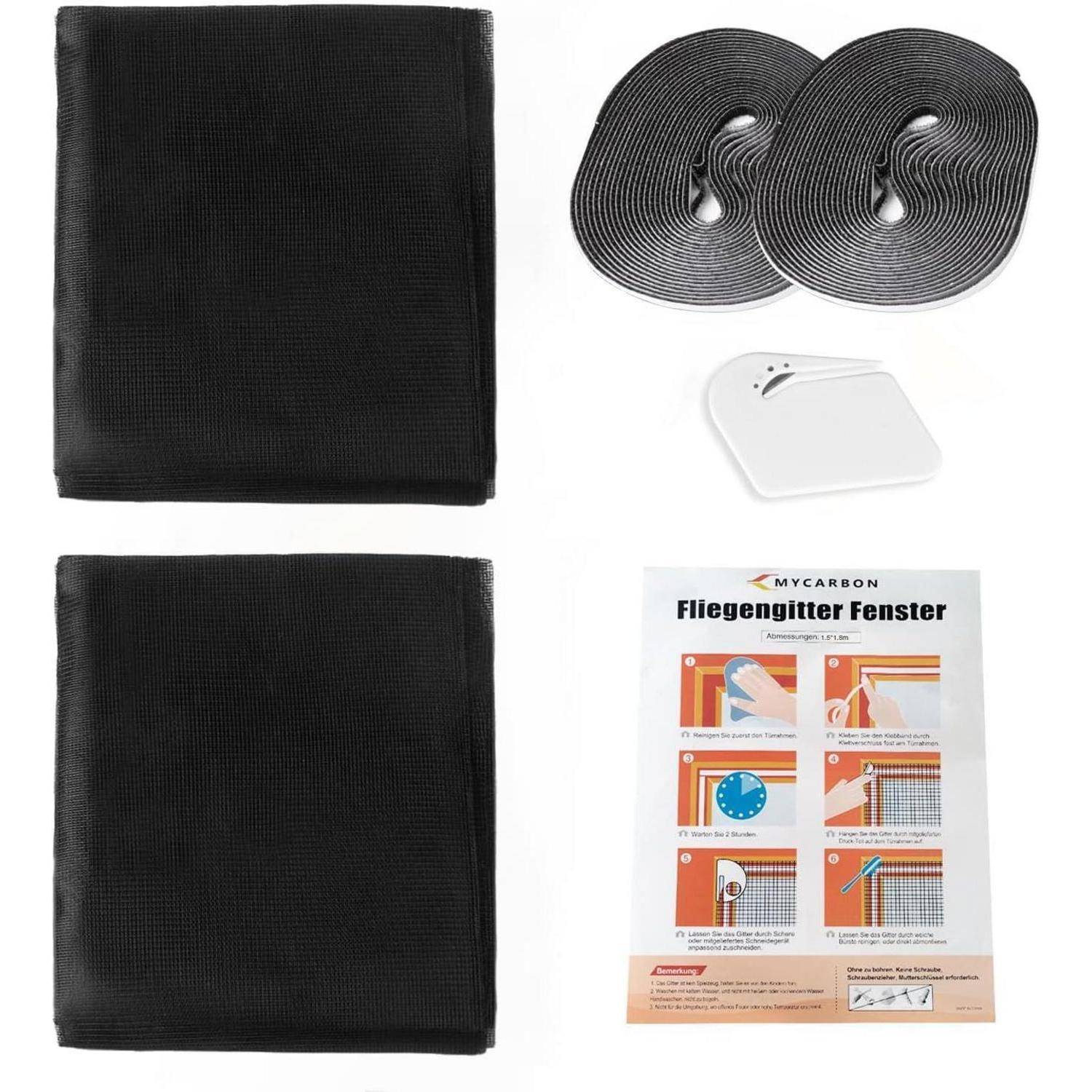 Fliegengitter-Fenster-Set mit zwei schwarzen Mesh-Paneelen, selbstklebenden Klett-Streifen und Anleitung auf weißem Hintergrund.