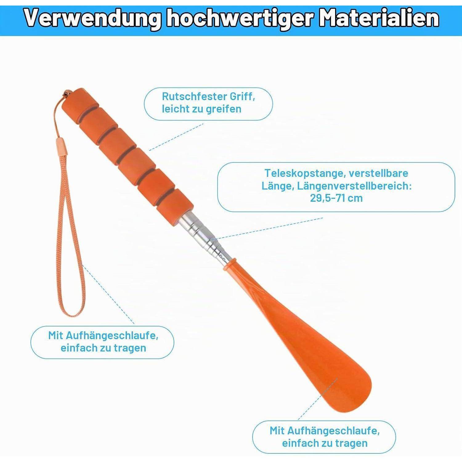 Orangefarbener Teleskop-Greifer mit rutschfestem Griff, verstellbare Länge 29,5-71 cm und Trageschlaufe; gekennzeichnet mit "hochwertige Materialien"".