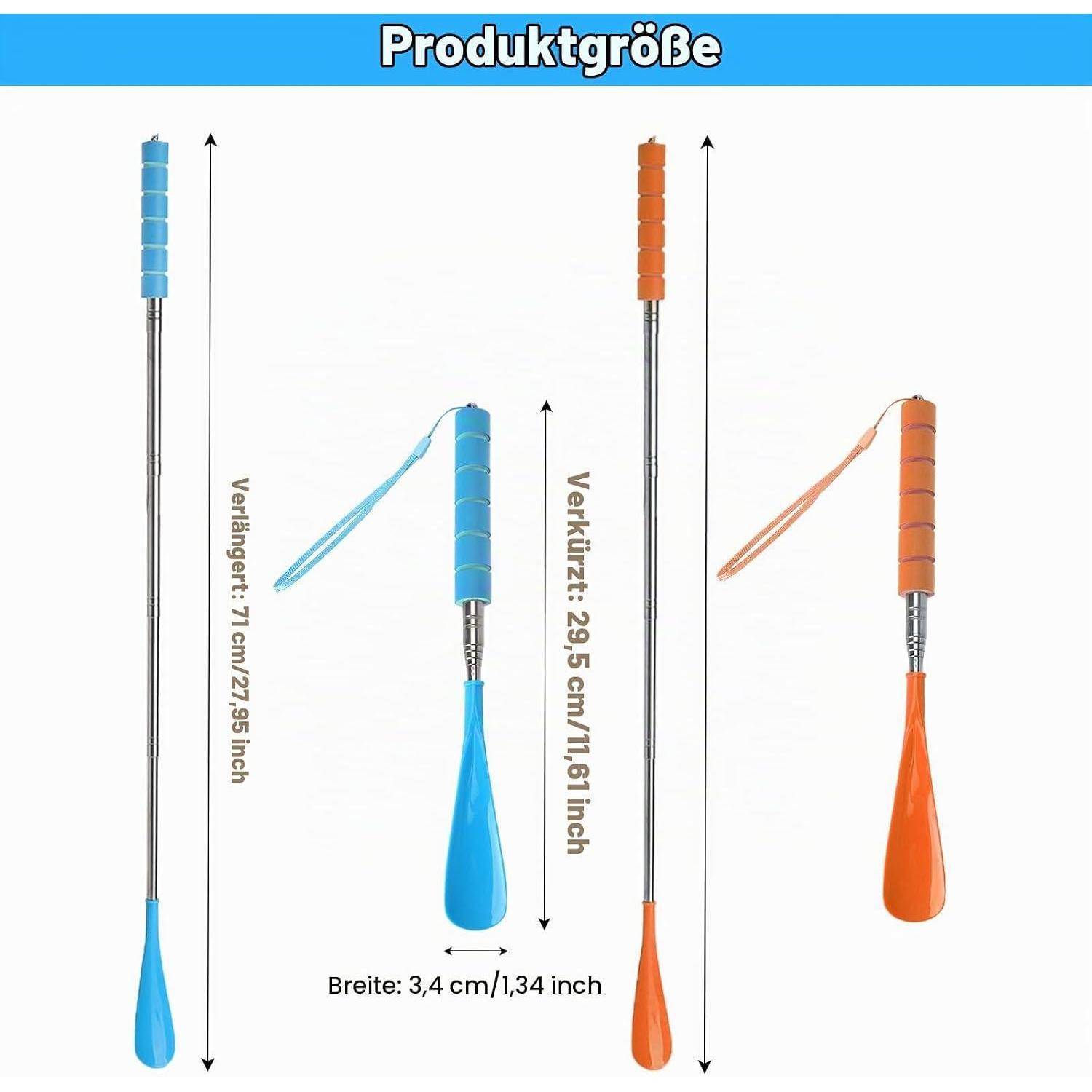 Deutsches Produktgrößendiagramm für zwei Teleskopwerkzeuge, das erweiterte und zusammengeklappte Längen zeigt: 'Verlängert: 71 cm/27,95 Zoll', 'Verkürzt: 29,5 cm/11,61 Zoll', Breite '3,4 cm/1,34 Zoll'.