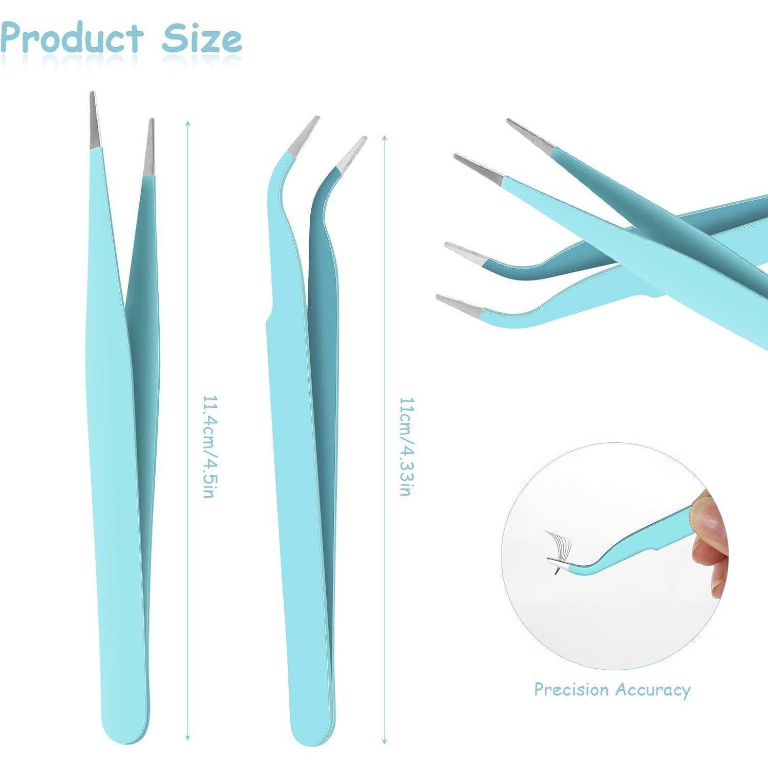 Größendiagramm des Produkts mit hellblauen Pinzetten in zwei Stilen, beschriftet mit 11,4 cm/4,5 Zoll und 11 cm/4,33 Zoll, mit einer Nahaufnahme des präzisen Griffs.