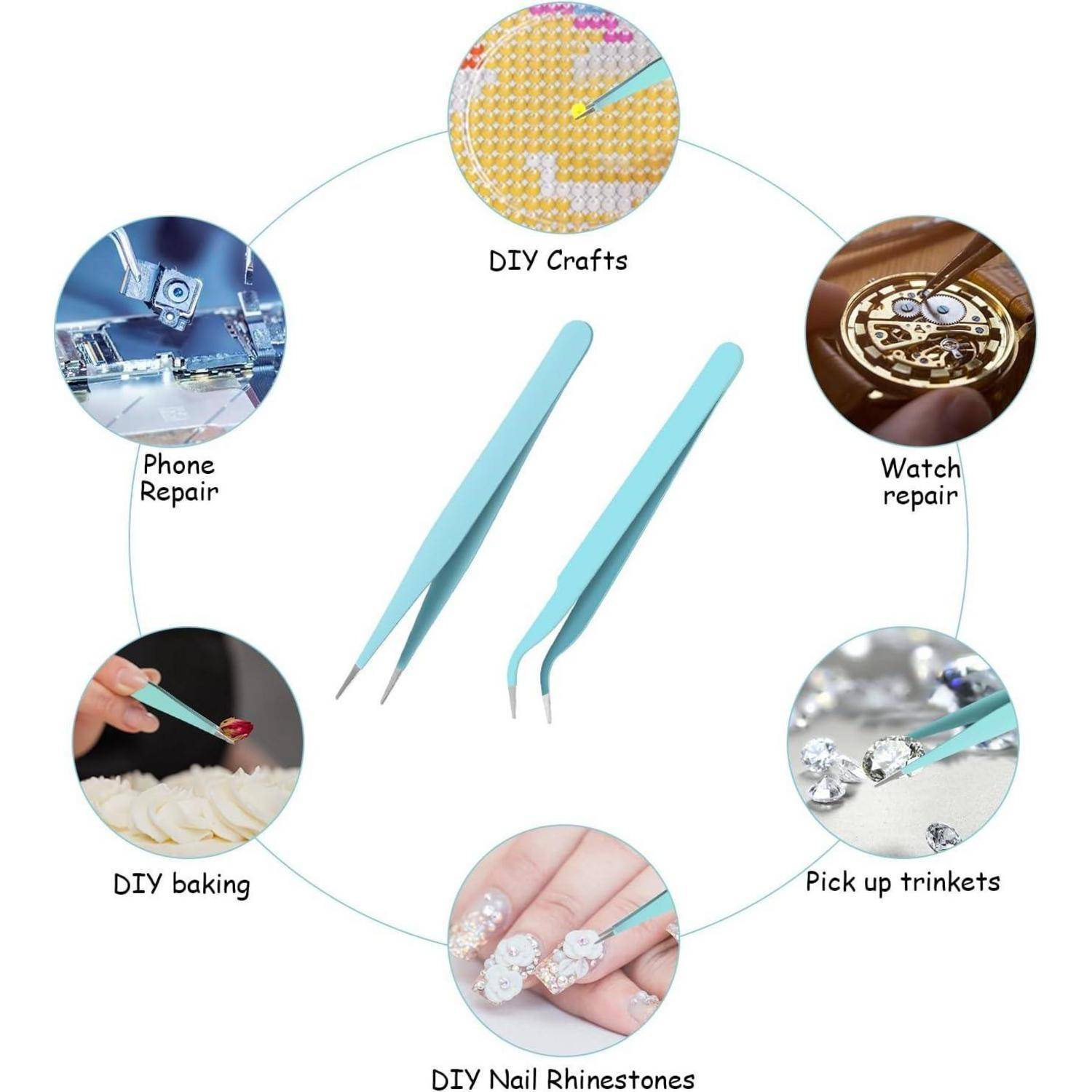 Infografik von türkisen Präzisionspinzetten für DIY-Handwerk, Telefon- und Uhrenreparatur, Backen, zum Aufheben von Kleinigkeiten und zum Anbringen von Nagel-Strass-Steinen.