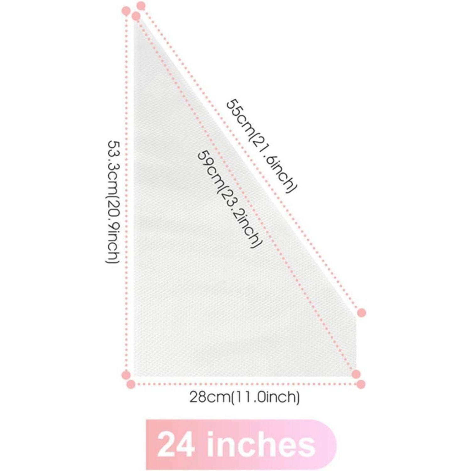 Dreieckiges weißes Maschenetz mit markierten Abmessungen: 28 cm breit, 53,3 cm hoch, 55 cm Diagonale, beschriftet mit 