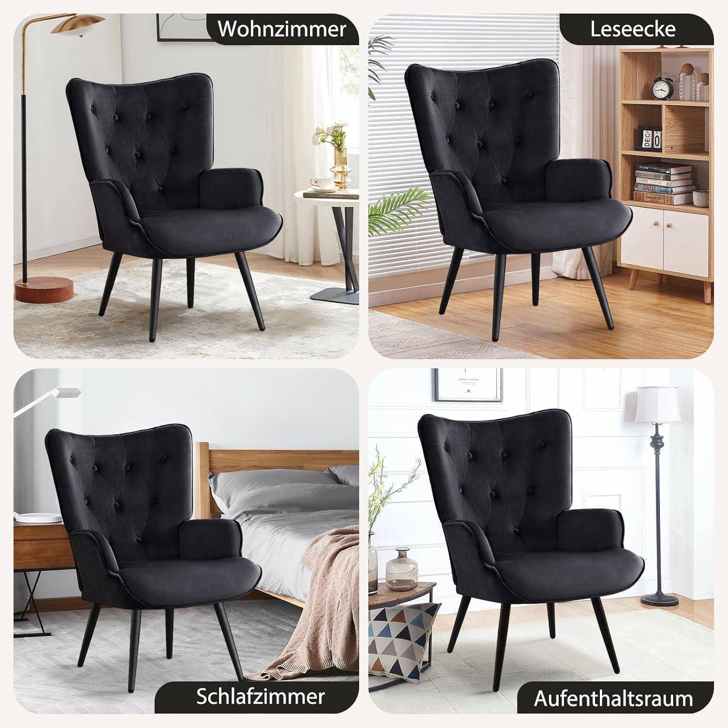 Collage zeigt einen schwarz gepolsterten Sessel mit gesteppter Rückenlehne und Holzbeinen, der in vier Räumen stilgerecht eingerichtet ist: Wohnzimmer, Leseecke, Schlafzimmer und Loungebereich.