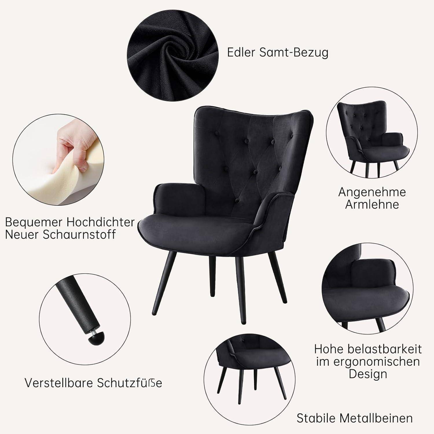 Schwarzer gepolsterter Akzentualstuhl mit gesteppter Rückenlehne und Metallbeinen, gezeigt mit Anmerkungen für Samtstoff, verstellbare Bodengleiter, Armlehnen und robustes ergonomisches Design.