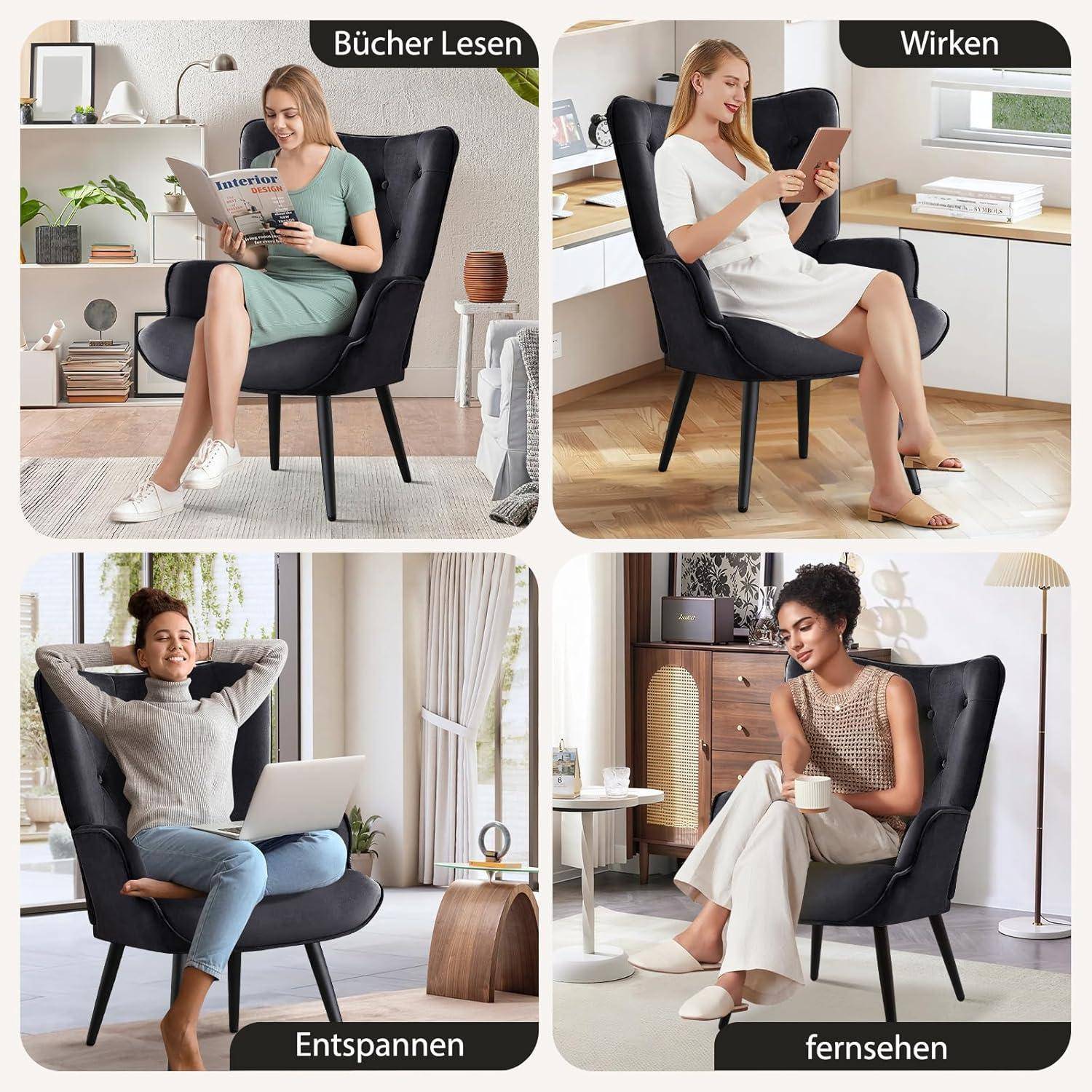Collage mit einem schwarzen gepolsterten Loungesessel in vier Verwendungen: Lesen, Arbeiten mit einem Tablet, Entspannen mit einem Laptop und Fernsehen schauen.