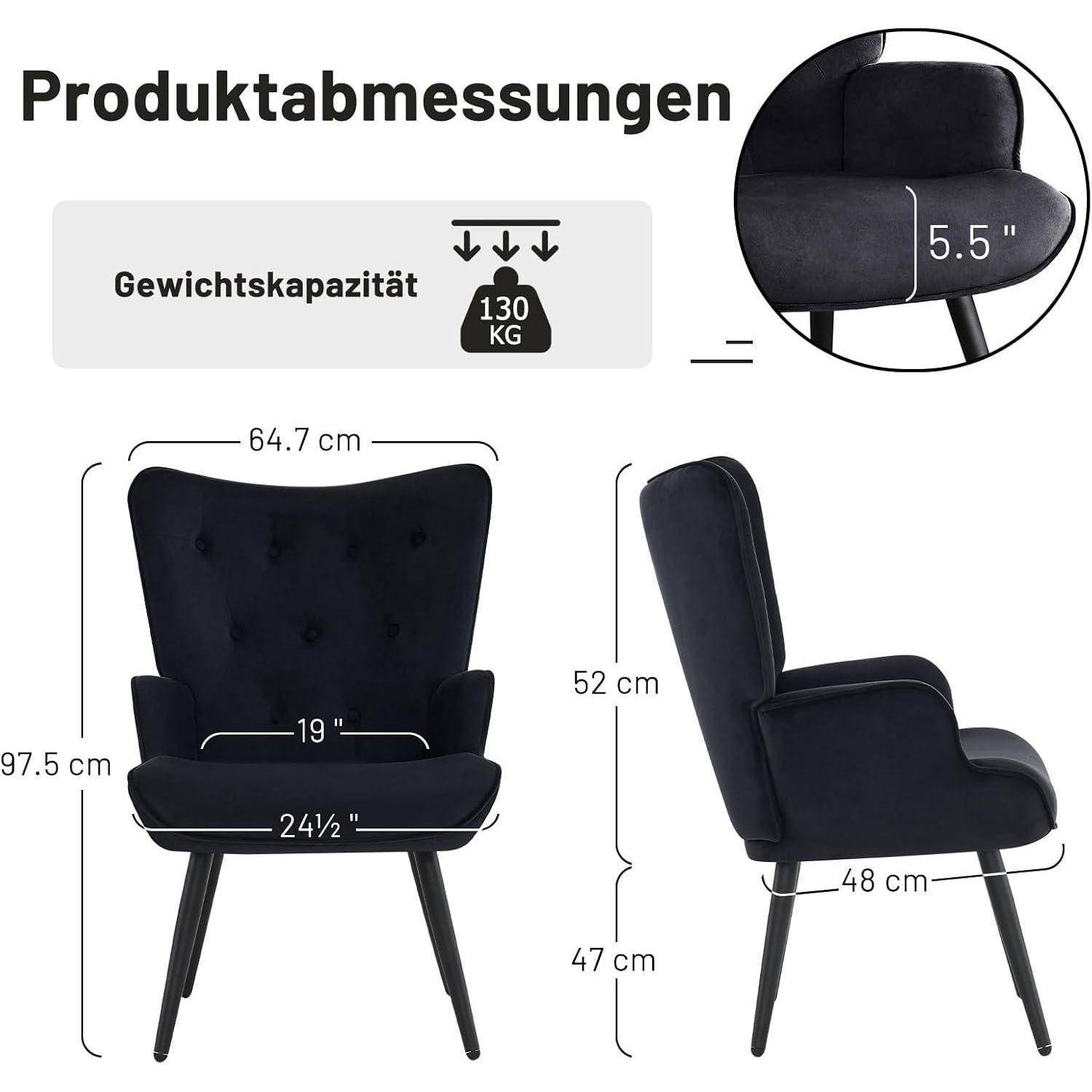 Produktabmessungen für einen schwarz gepolsterten Stuhl: 64,7 cm breit, 97,5 cm hoch, 48 cm tief, Sitzbreite 19 Zoll, Sitztiefe 24,5 Zoll, Tragfähigkeit 130 kg.