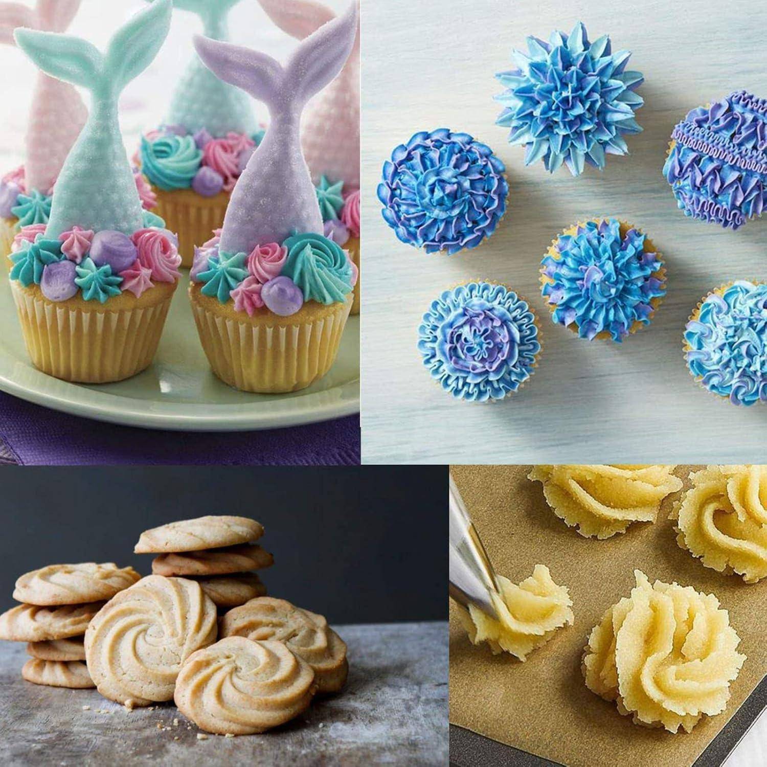 Collage aus dekorierten Cupcakes und gesprizten Buttercreme-Röschen, plus verschiedene Wirbel-Kekse auf einem Tablett, die Back- und Frosting-Techniken zeigen.