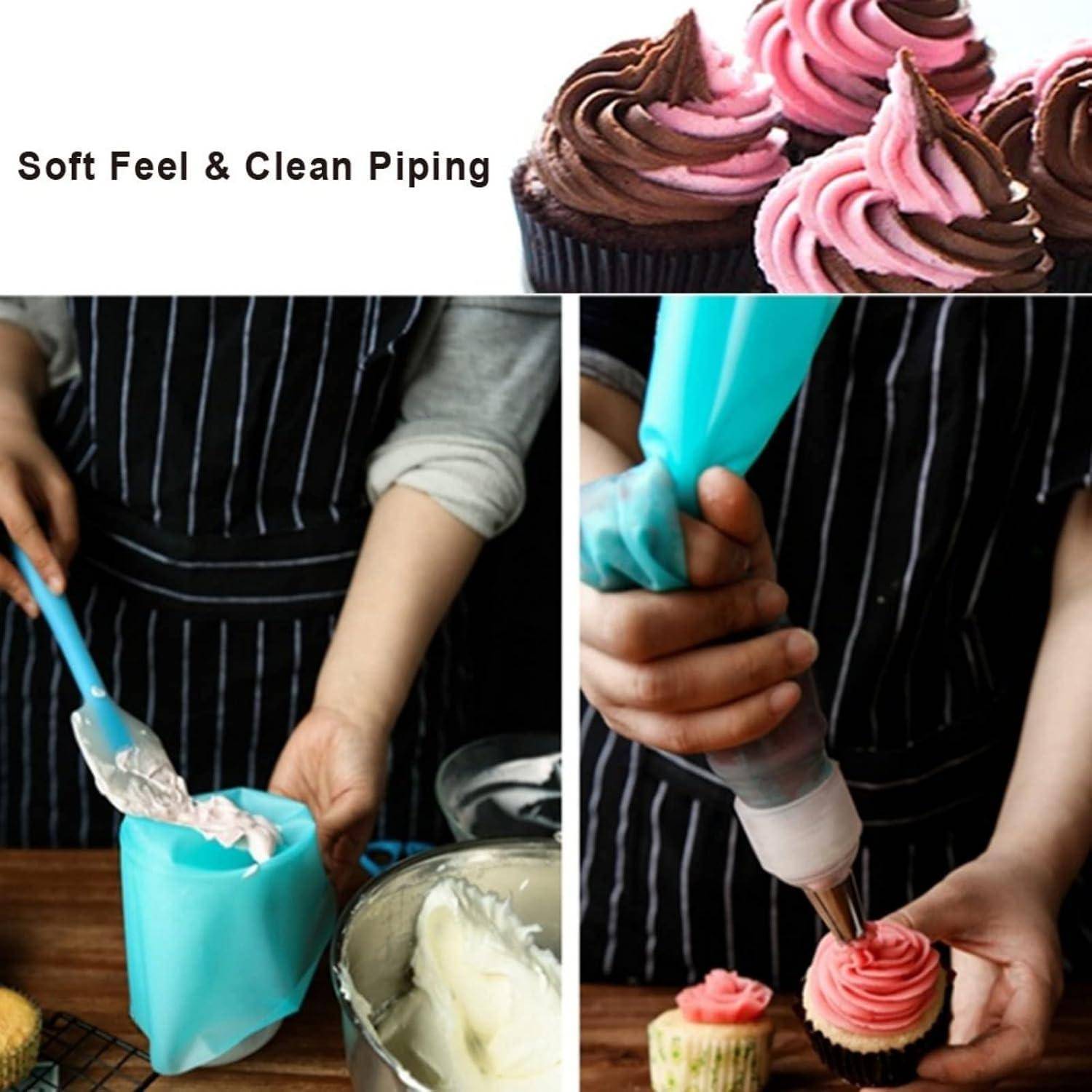Anleitung zum Verzieren von Cupcakes mit Spritzbeuteln, die weiches, sauberes Spritzen und nahaufnahmen von wirbelnder Cupcake-Glasur zeigt.