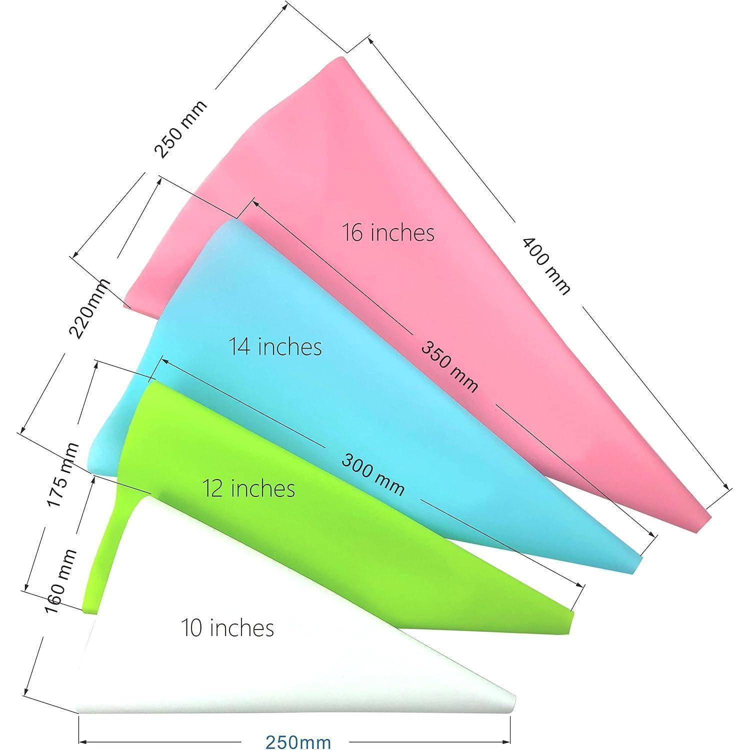 Diagramm von Spritzbeuteln in vier Größen: 10, 12, 14 und 16 Zoll, mit Längenbemaßungen in Millimetern und Zoll.