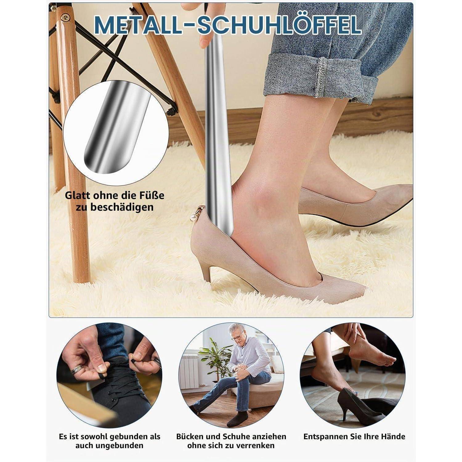 Metallschuhlöffel zum mühelosen Anziehen von beigefarbenen hochhackigen Schuhen ohne Fußverletzungen; deutscher Text betont sanfte, schonende Anwendung und einfaches Anziehen ohne sich bücken zu müssen.