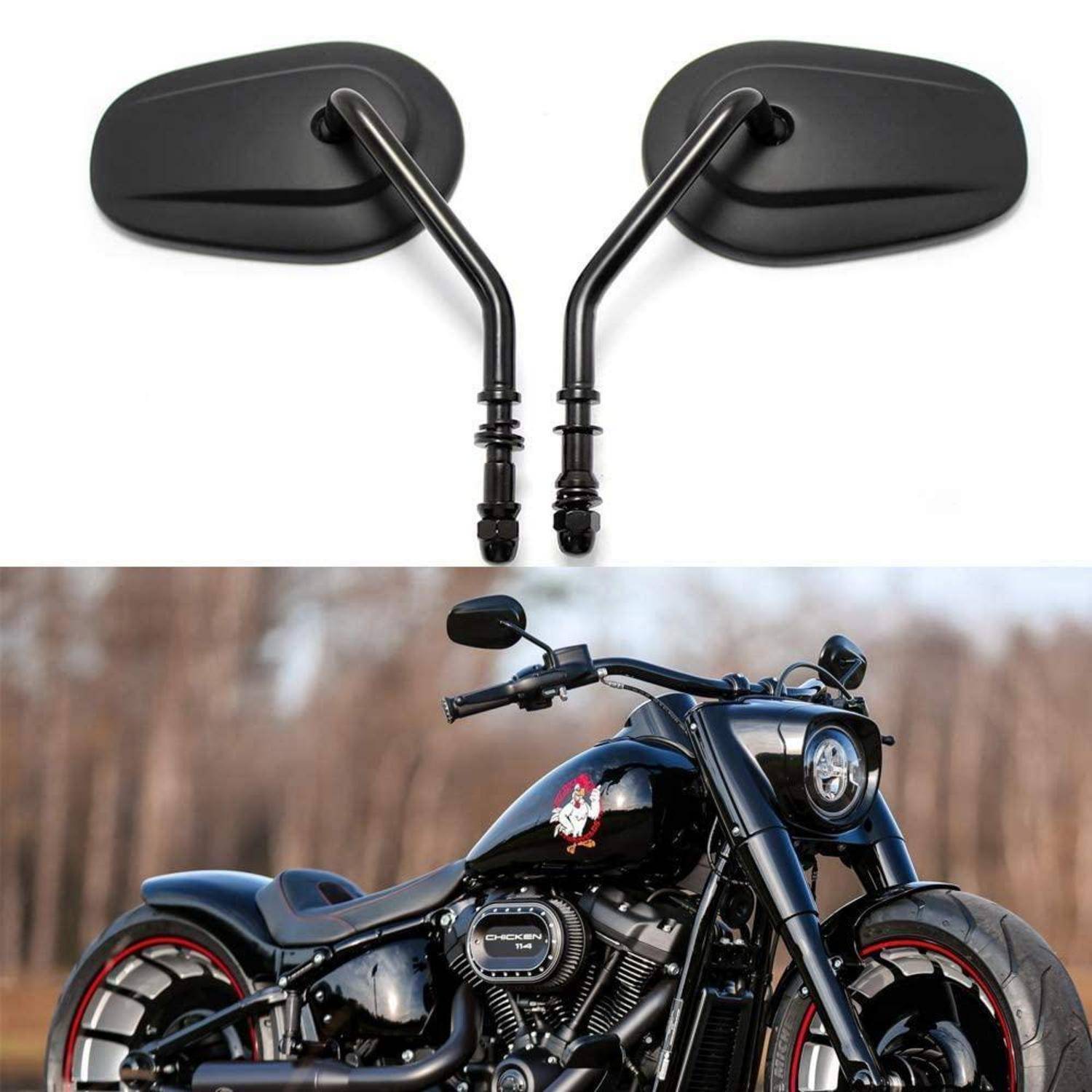 Paar schwarzer Motorradmirror über einem maßgeschneiderten schwarzen Cruiser-Motorrad, die die auf den Lenkern montierten Spiegel zeigen.