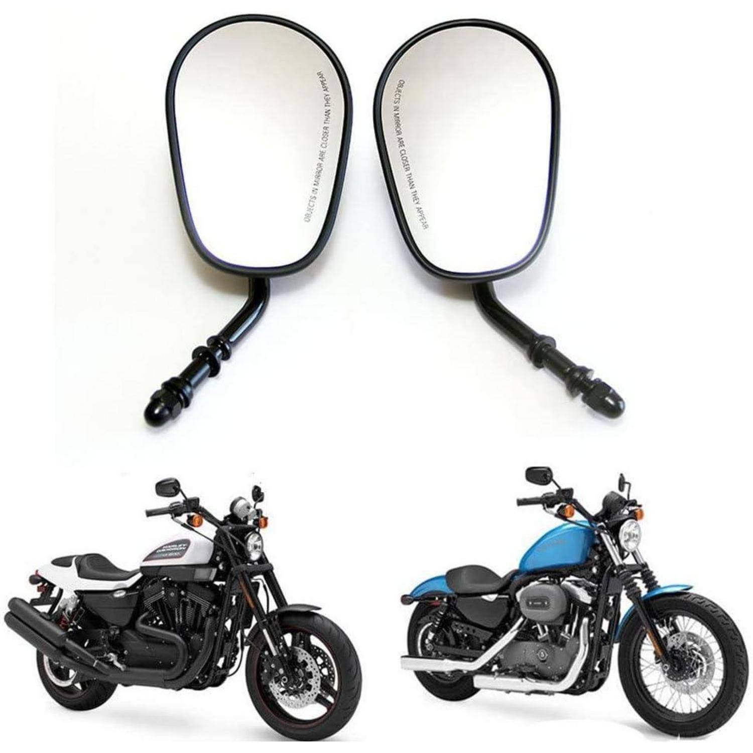 Vergleichsbild von zwei Motorrad-Außenspiegeln über zwei Motorrädern: ein schwarzes Motorrad auf der linken Seite und ein blaues Motorrad auf der rechten Seite, die Unterschiede bei der Spiegelmontage/dem Spiegelstil zeigen.