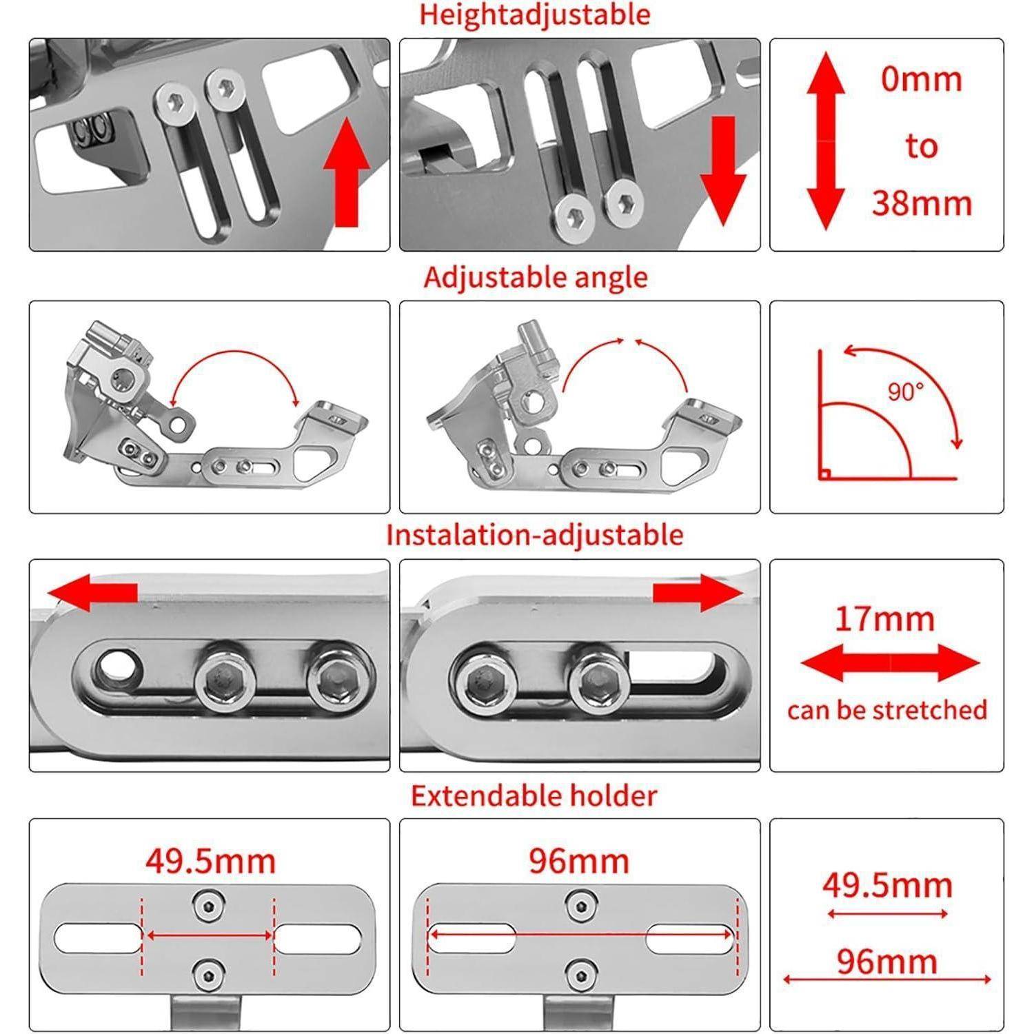 Infografik eines verstellbaren Metallscharniers/einer verstellbaren Metallhalterung mit Höhenverstellung von 0mm bis 38mm, Winkelverstellung bis 90°, 17mm Installationsspannweite und Haltergrößen von 49,5mm und 96mm.