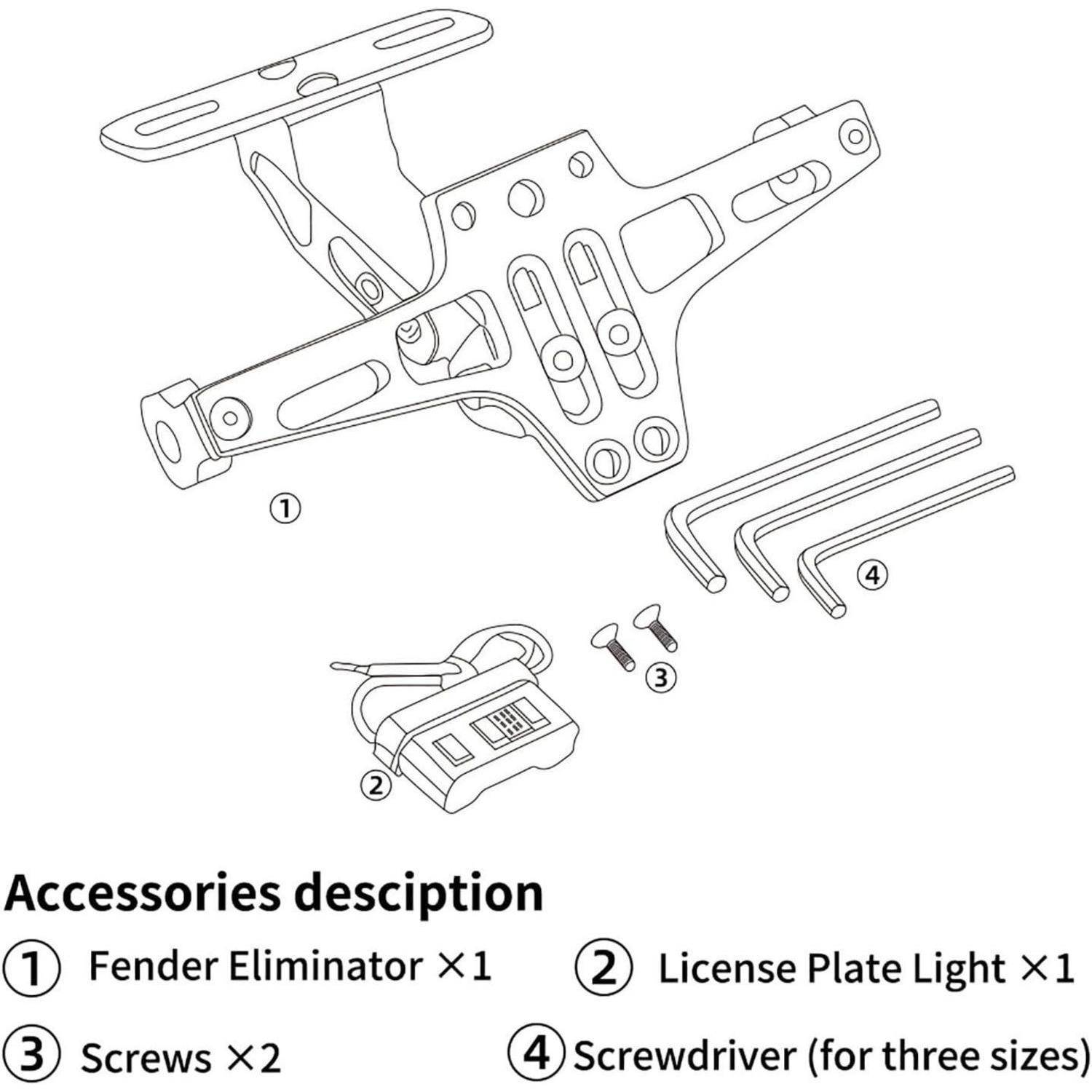 Illustriertes Zubehörset für einen Fender Eliminator: Halterung, Kennzeichenleuchte, zwei Schrauben und drei Inbusschlüssel, mit beschrifteter Teileliste.
