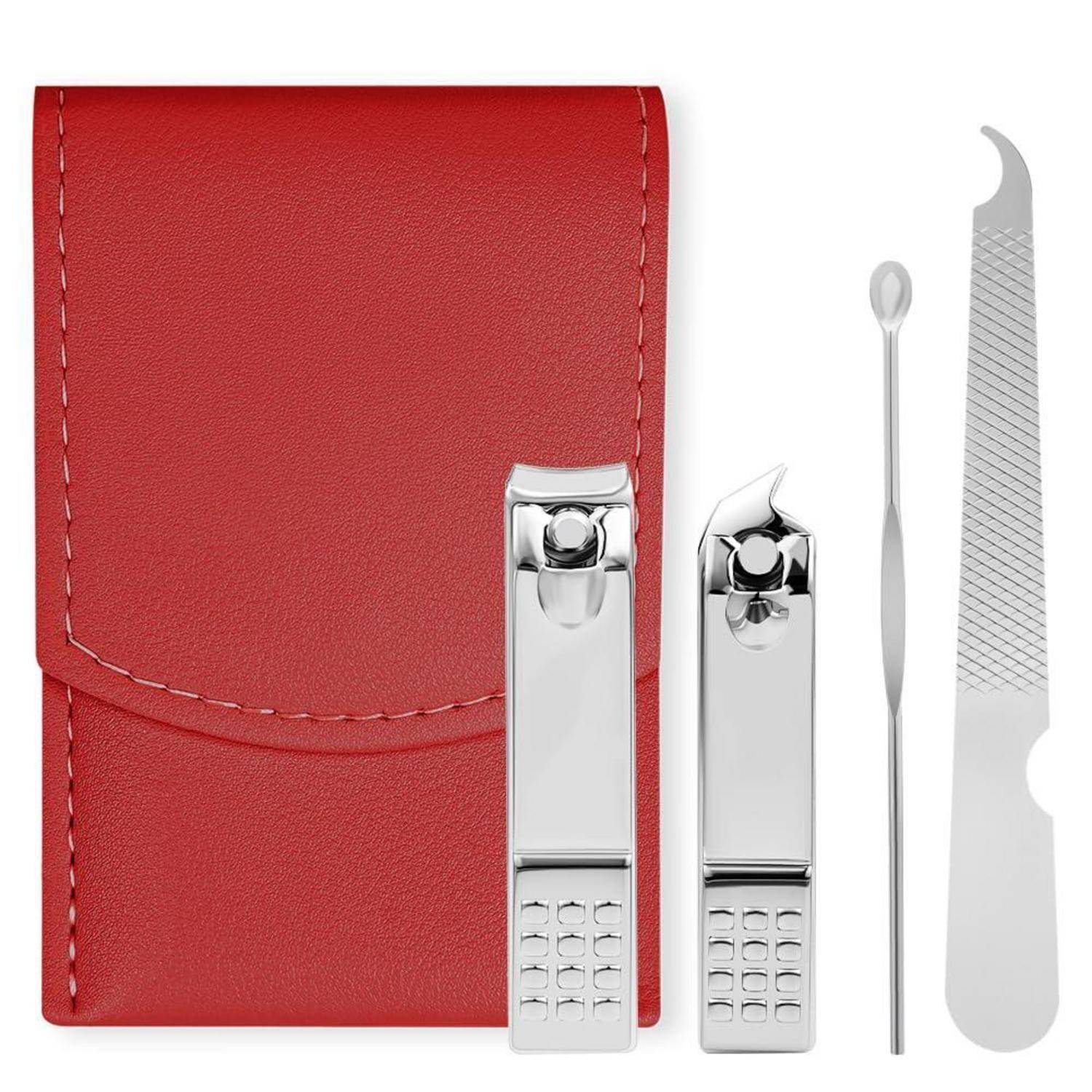 Rote Ledermaniküre-Etui mit Nagelknipsern, Nagelhautwerkzeug und Nagelfeile daneben auf weißem Hintergrund angeordnet.