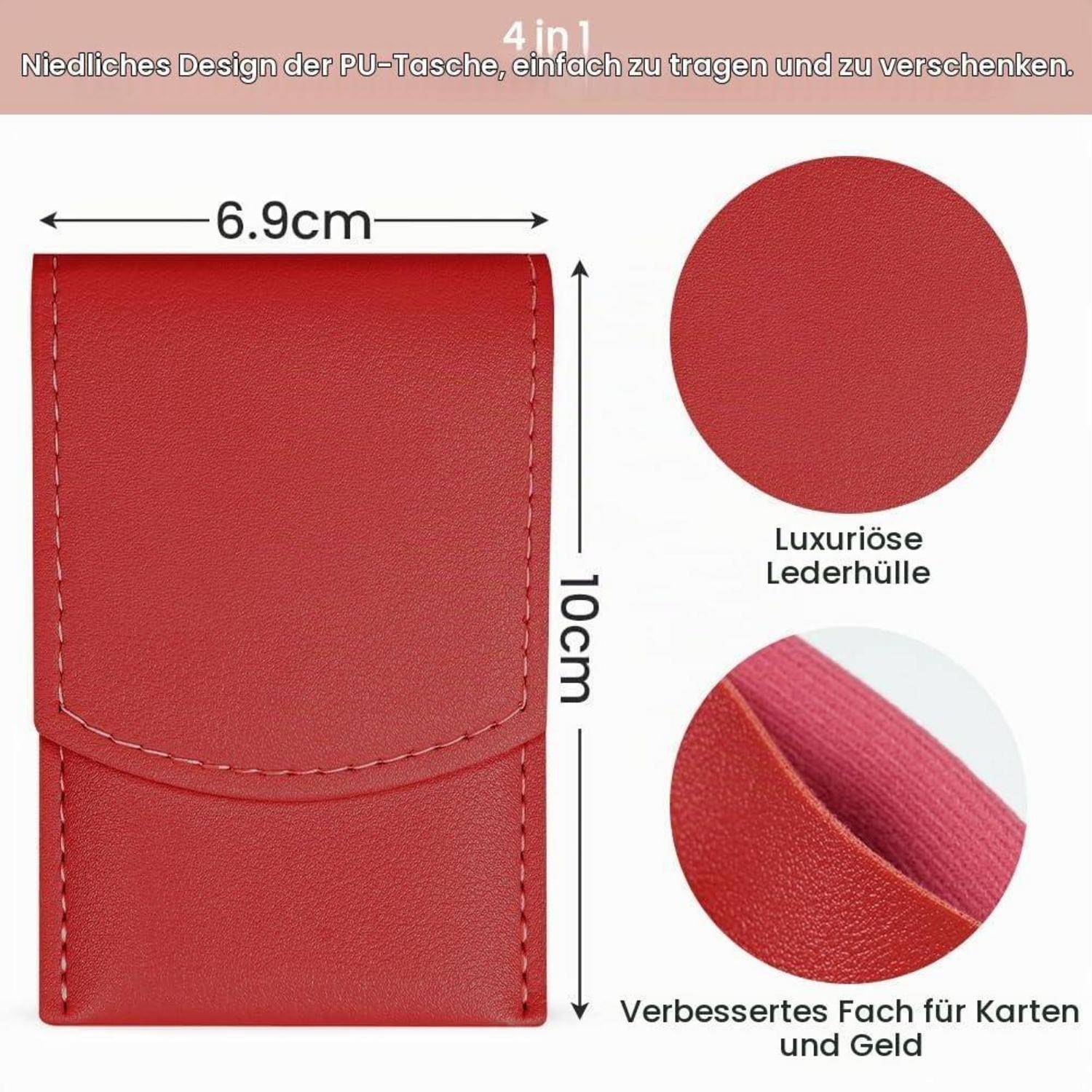 Rotes Lederetui mit Klappe, gezeigt mit einer Breite von 6,9 cm und einer Höhe von 10 cm; der Text hebt eine luxuriöse Lederhülle und verbesserte Karten- und Geldfächer hervor.