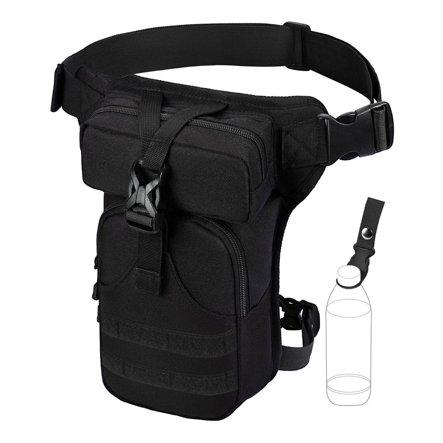 Schwarze taktische Oberschenkeltasche mit verstellbarem Hüftgurt und seitlichem Flaschenhalter, abgebildet mit einer Wasserflasche zur Größenveranschaulichung/Referenz.