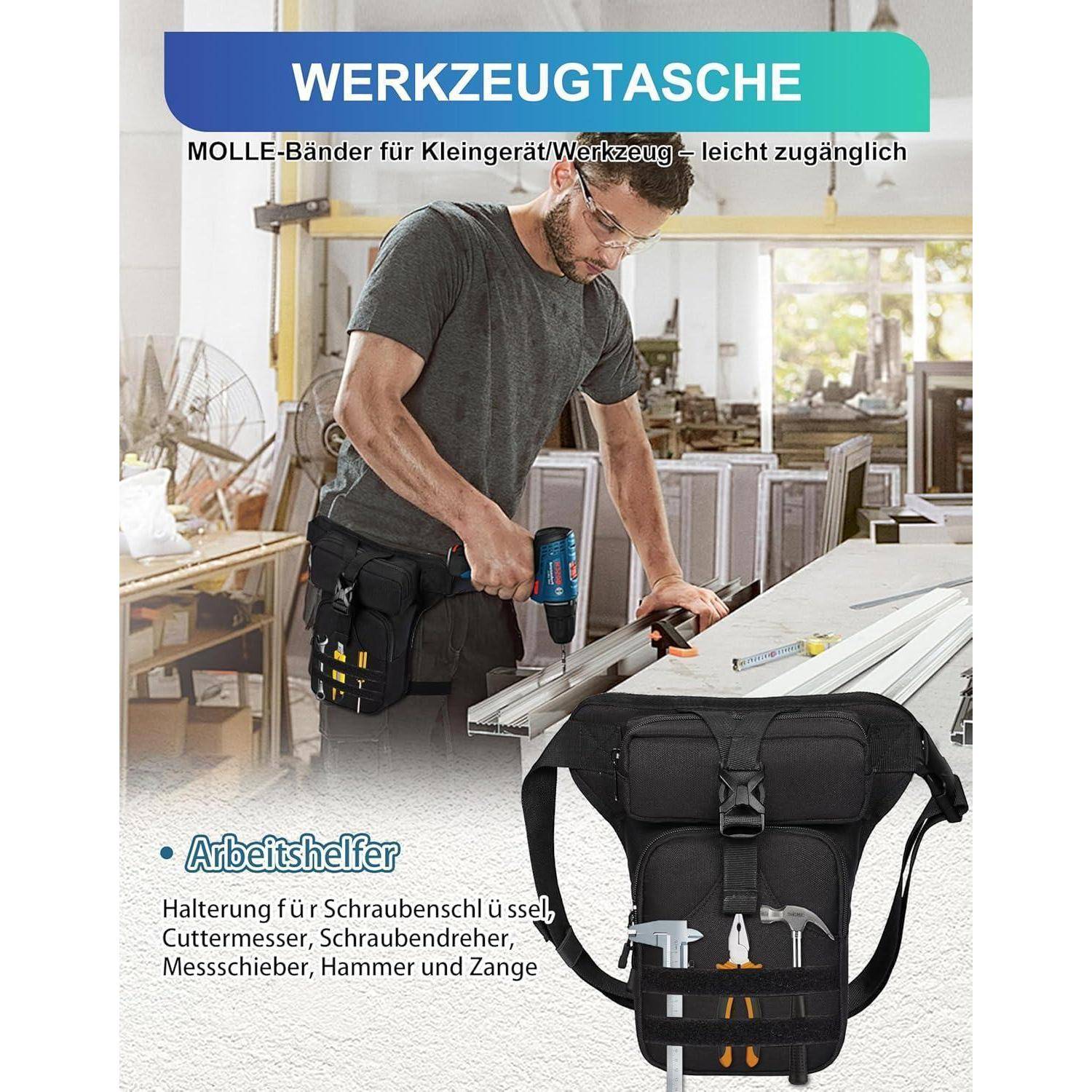 Werkzeugbeutel mit MOLLE-Riemen, gezeigt an einem Arbeiter, der ihn benutzt; Text hebt einfachen Zugriff und Lagerung für Schraubendreher, Zangen, Hämmer und Zangen hervor.