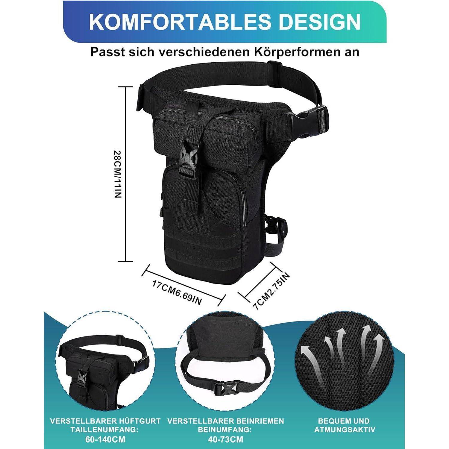 Schwarze verstellbare taktische Beintasche mit Hüft- und Oberschenkelgurten, beschriftet mit „KOMFORTABLES DESIGN" und Größenmessungen; Beschriftungen heben verstellbare Passform und Komfort hervor.