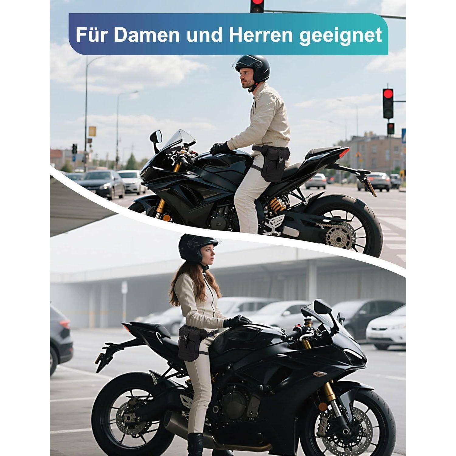 Geteiltes Bild, das einen Mann und eine Frau zeigt, die zusammen auf einem schwarzen Sportmotorrad fahren; Bannertextsagt „Für Damen und Herren geeignet" („Geeignet für Frauen und Männer"").