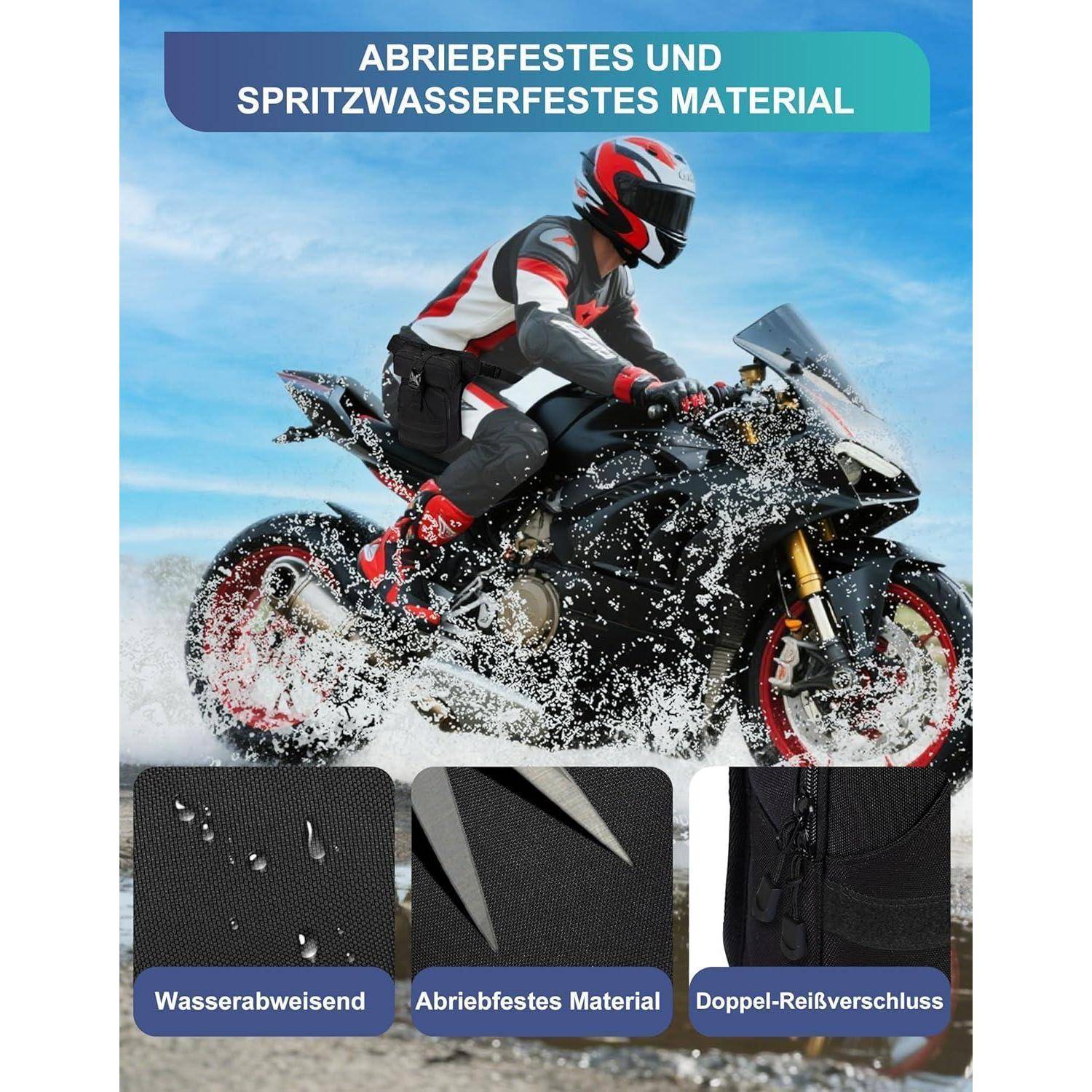 Werbebild eines Motorradfahrers auf einem Sportmotorrad, das durch Wassergischt fährt, wobei „verschleißfeste und spritzwassergeschützte Materialien" mit wasserdichten, verschleißfesten und Doppelreißverschluss-Funktionen hervorgehoben werden.