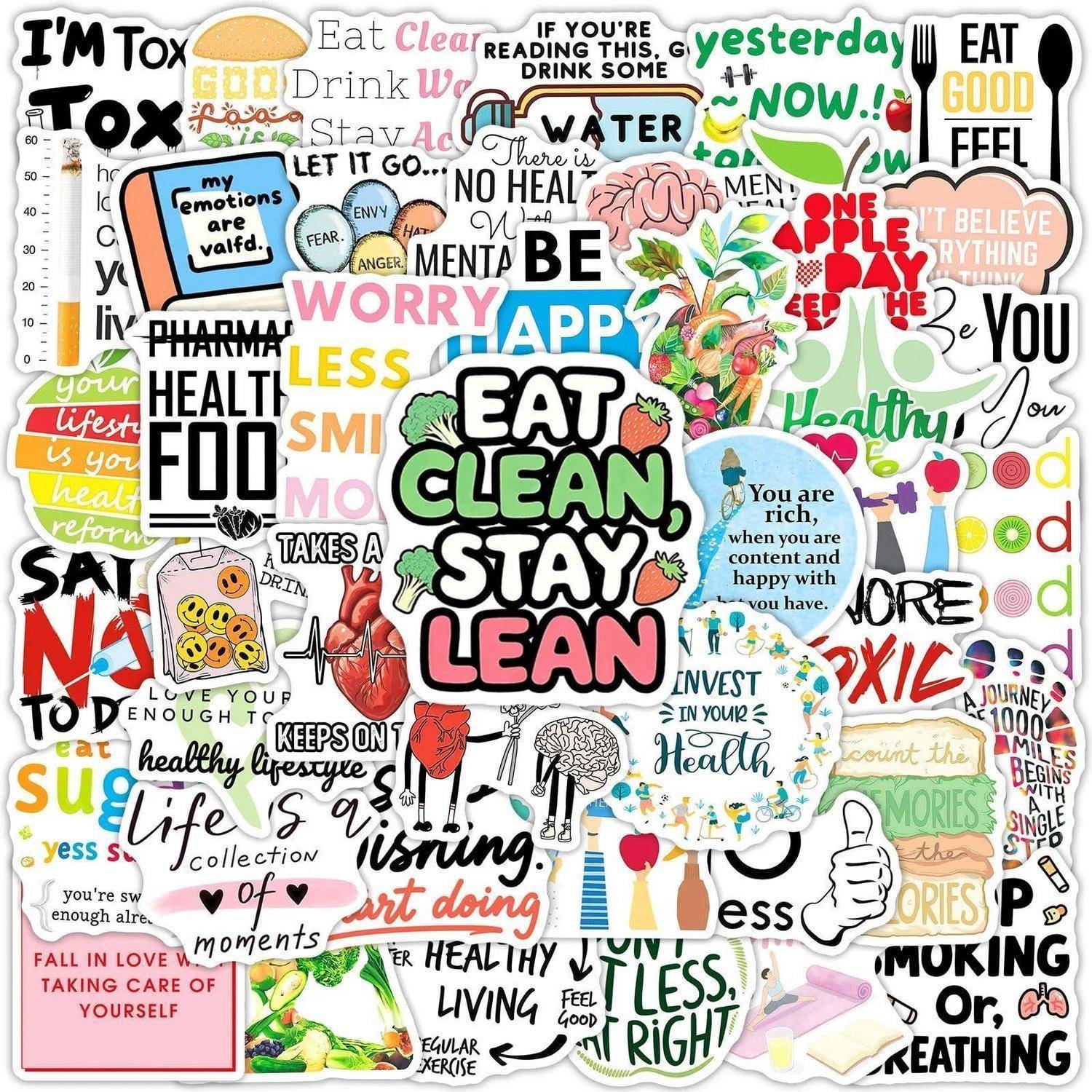 Collage aus bunten Gesundheits- und Wellness-Aufklebern mit Sprüchen wie „EAT CLEAN, STAY LEAN