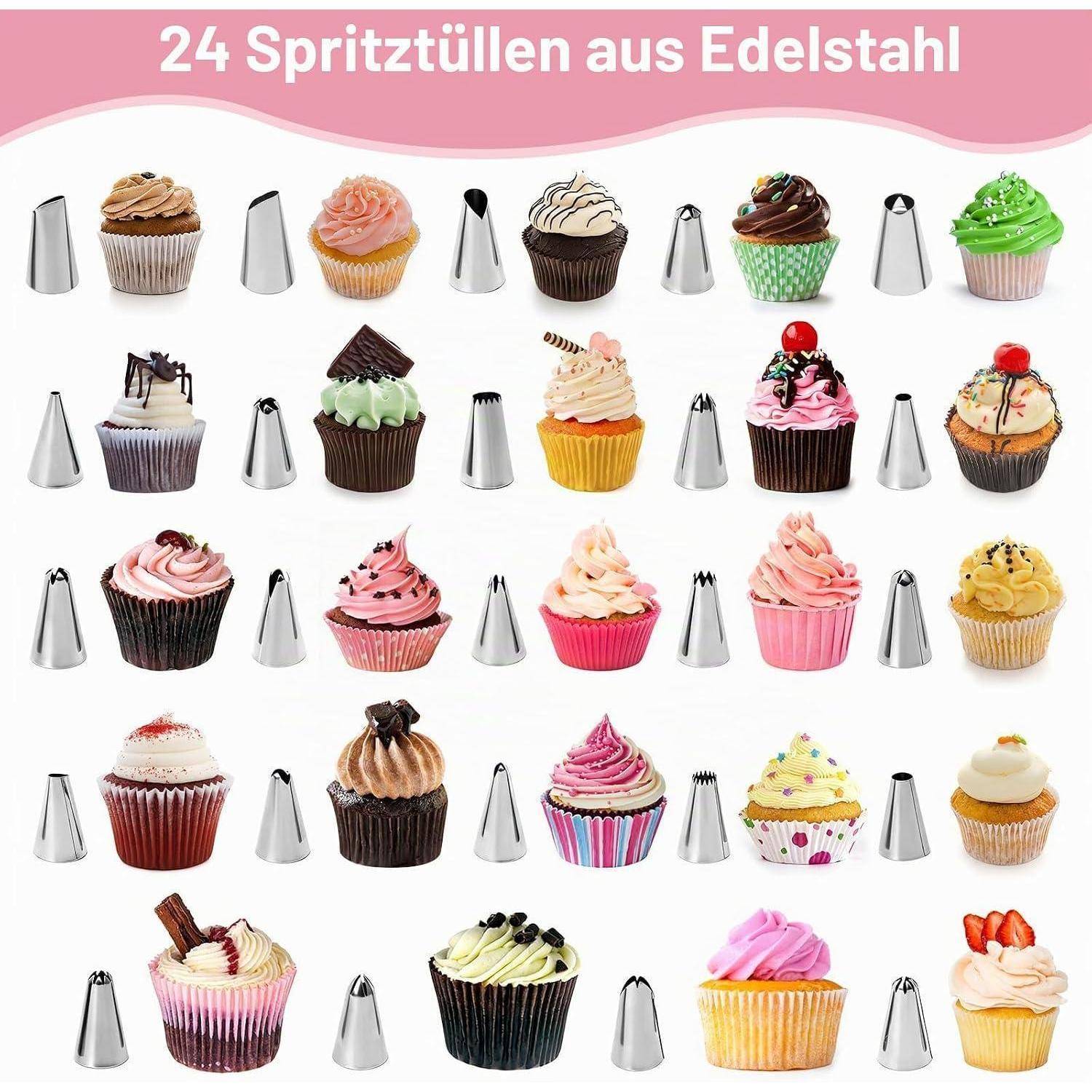 Diagramm von 24 Edelstahl-Spritzdüsen, angeordnet mit mattierten Cupcakes; der Titel lautet „24 Spritzdüsen aus Edelstahl