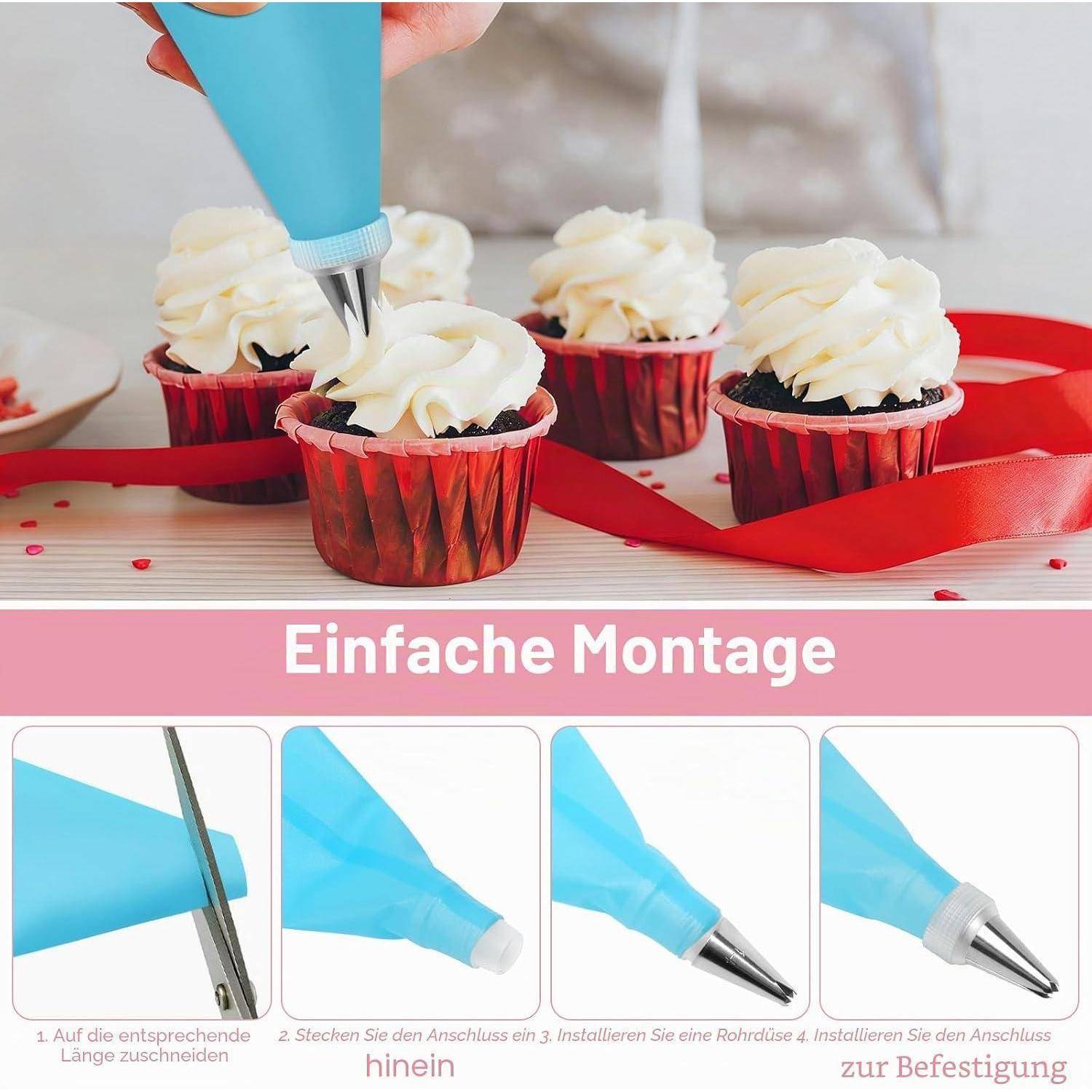 Blauer Spritzbeutel dekoriert Cupcakes mit weißem Frosting; darunter zeigt eine deutsche „Einfache Montage