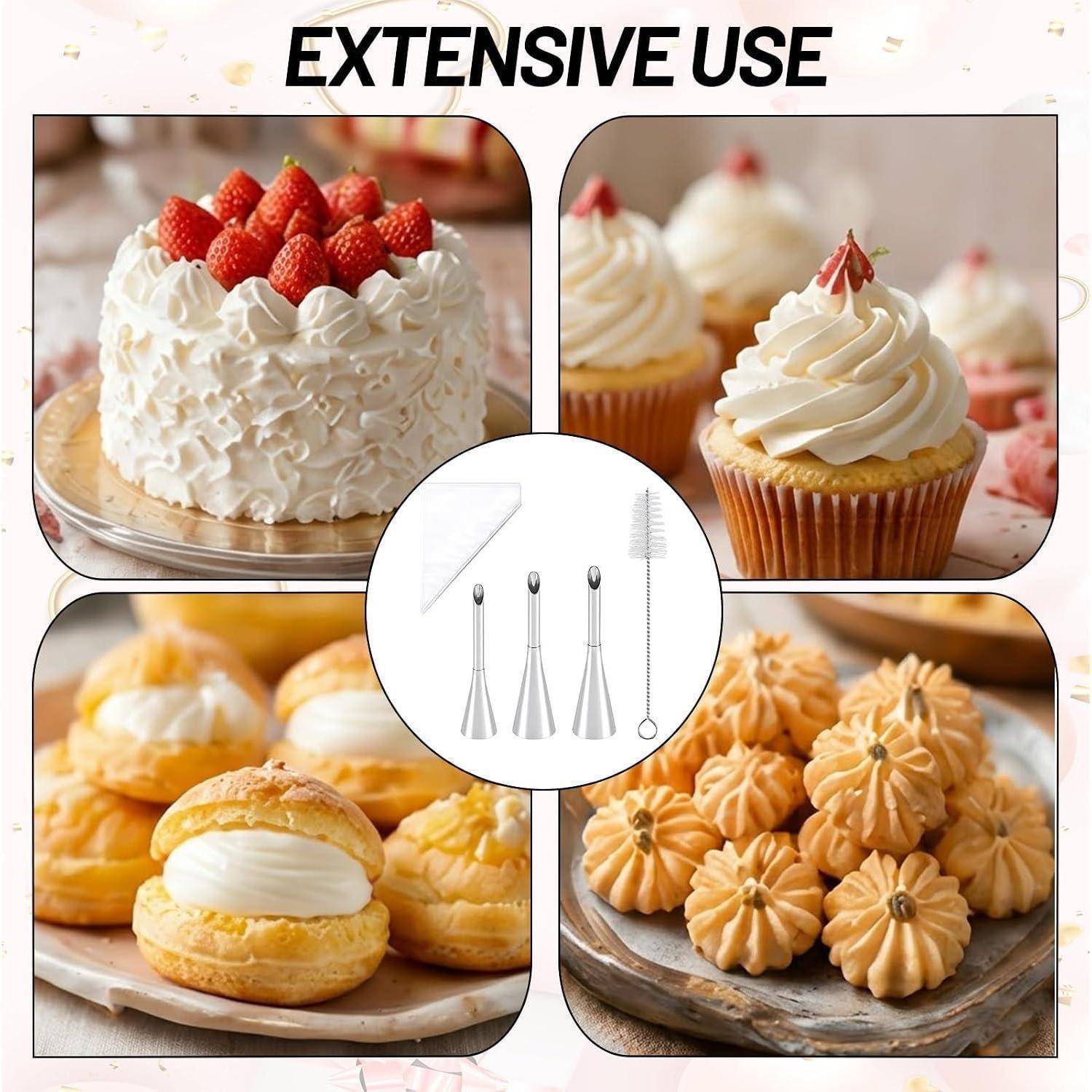 Werbekollagen-Plakat mit Dessert-Dekorationswerkzeugen für umfangreiche Verwendung, mit Kuchen, Cupcakes, Windbeuteln und gespritztcen Keksen, die mit Schlagsahne und Erdbeeren verziert sind.