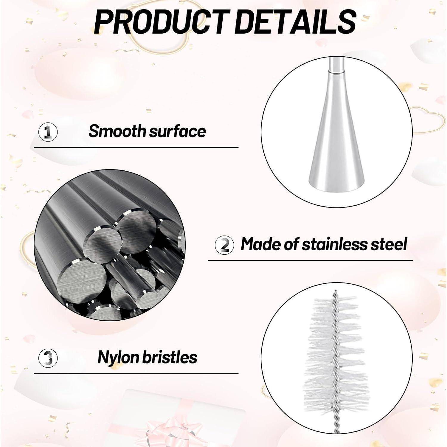 Produktdetails-Grafik zeigt eine Edelstahlreinigungsbürste mit glatter Oberfläche und Nylonborsten.
