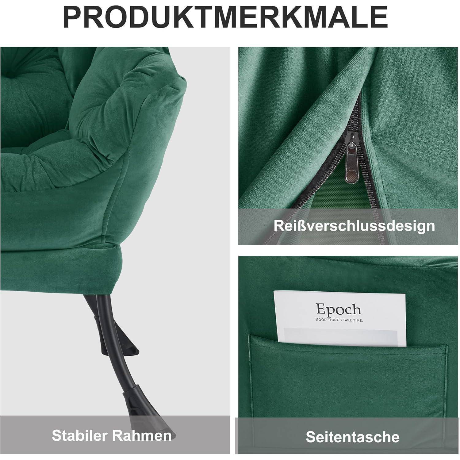 Produktmerkmale eines grün gepolsterten Stuhls: robustes Gestell, Reißverschlussdetail und Seitentasche.