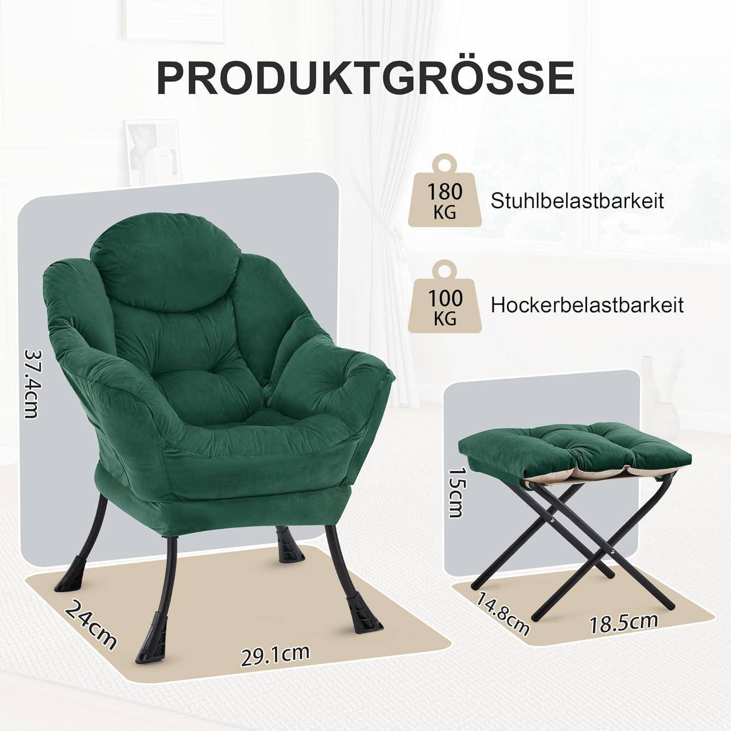 Produktgrößendiagramm eines grünen gepolsterten Stuhls und eines passenden Fußhockers mit folgenden Maßen: Stuhl 37,4 cm hoch, 29,1 cm breit, 24 cm tief; Hocker 15 cm hoch, 14,8 x 18,5 cm. Tragfähigkeit: 180 kg Stuhl, 100 kg Hocker.