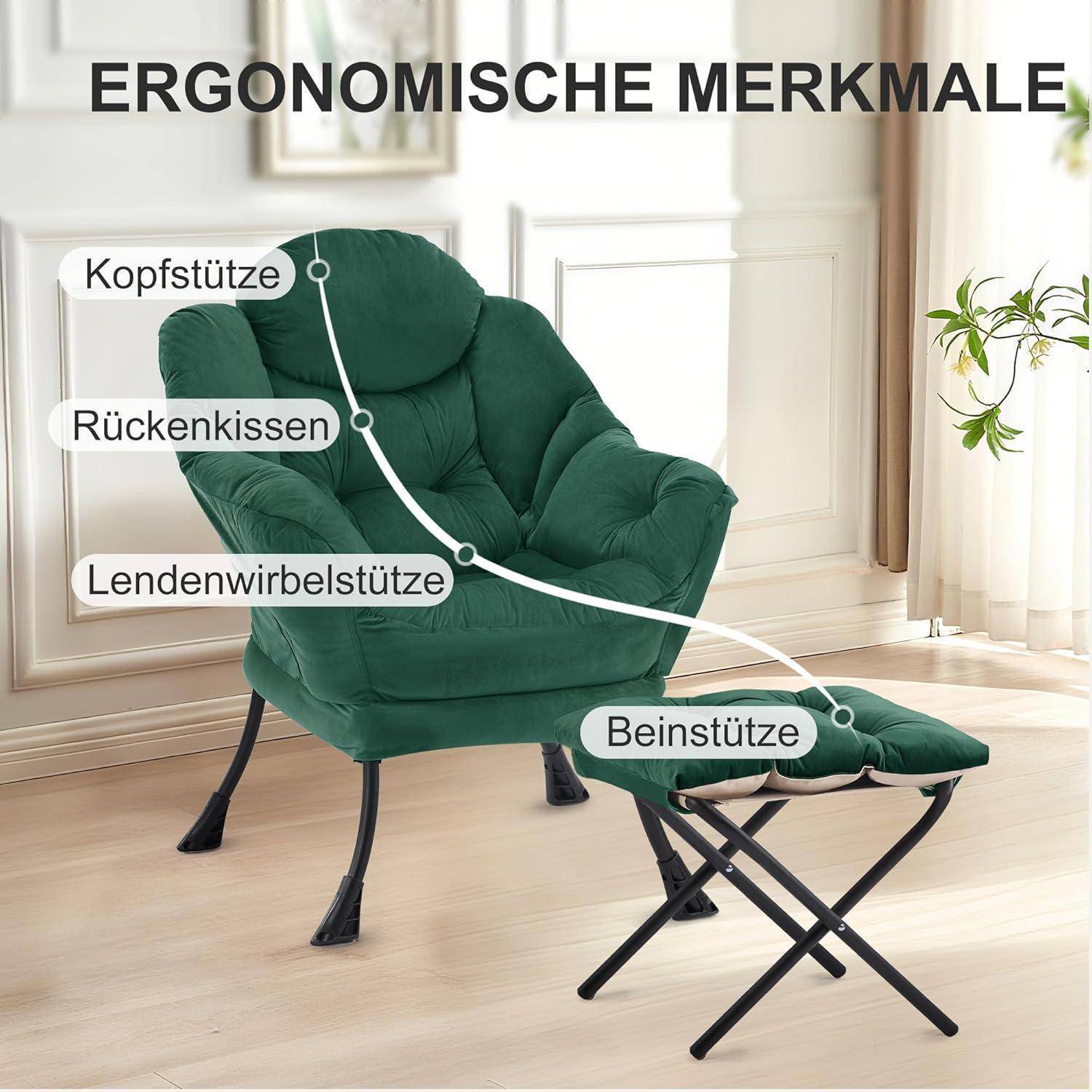Grüner ergonomischer Sessel mit passendem Fußhocker, beschriftet in Deutsch mit Kopfstütze, Rückenkissen, Lendenwirbelstütze und Beinstütze.