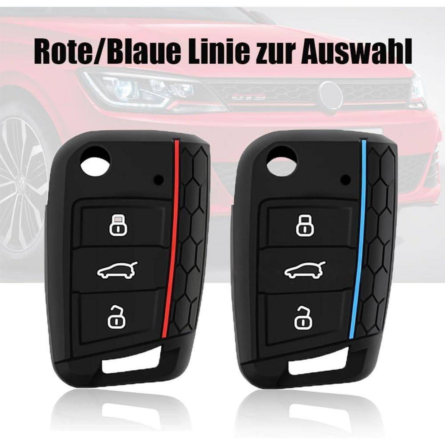 Zwei schwarze Autoschlüsseletuis nebeneinander, eines mit einem roten Streifen und eines mit einem blauen Streifen; deutscher Text sagt „Rote/Blaue Linie zur Auswahl" (rote/blaue Linie zur Auswahl).