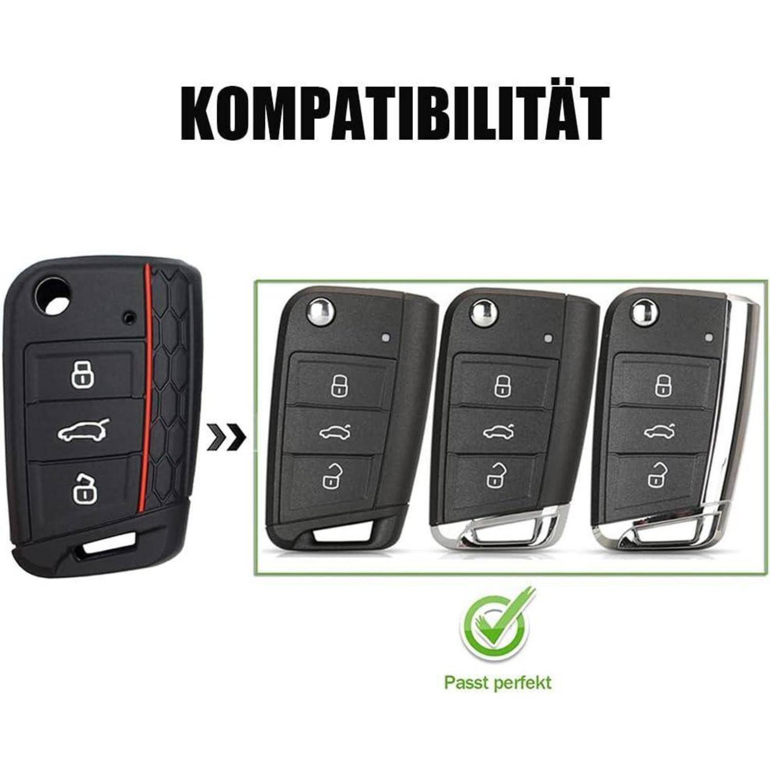 Kompatibilitätsbild zeigt eine Schlüsselanhängerhülle, die auf drei ähnliche Autofernbedienungstasten passt, mit „Passt perfekt" und einem grünen Häkchen.