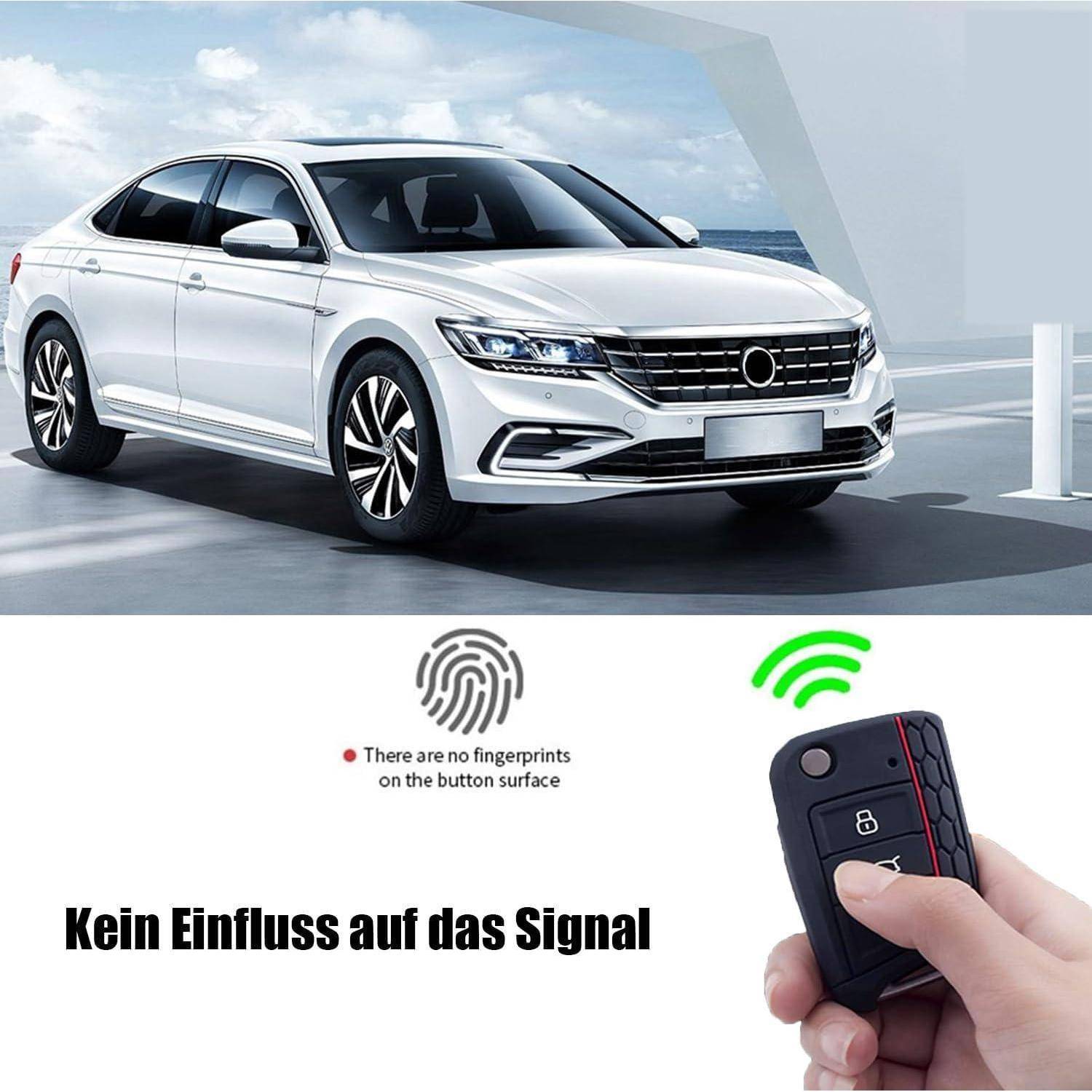 Weißer Sedan mit schlüsselloses Einstiegspromotion, zeigt eine Autoschlüsselfernbedienung und Fingerabdruck-/Funksymbole mit deutschem Text „Kein Einfluss auf das Signal", der anzeigt, dass keine Signalstörung vorhanden ist.