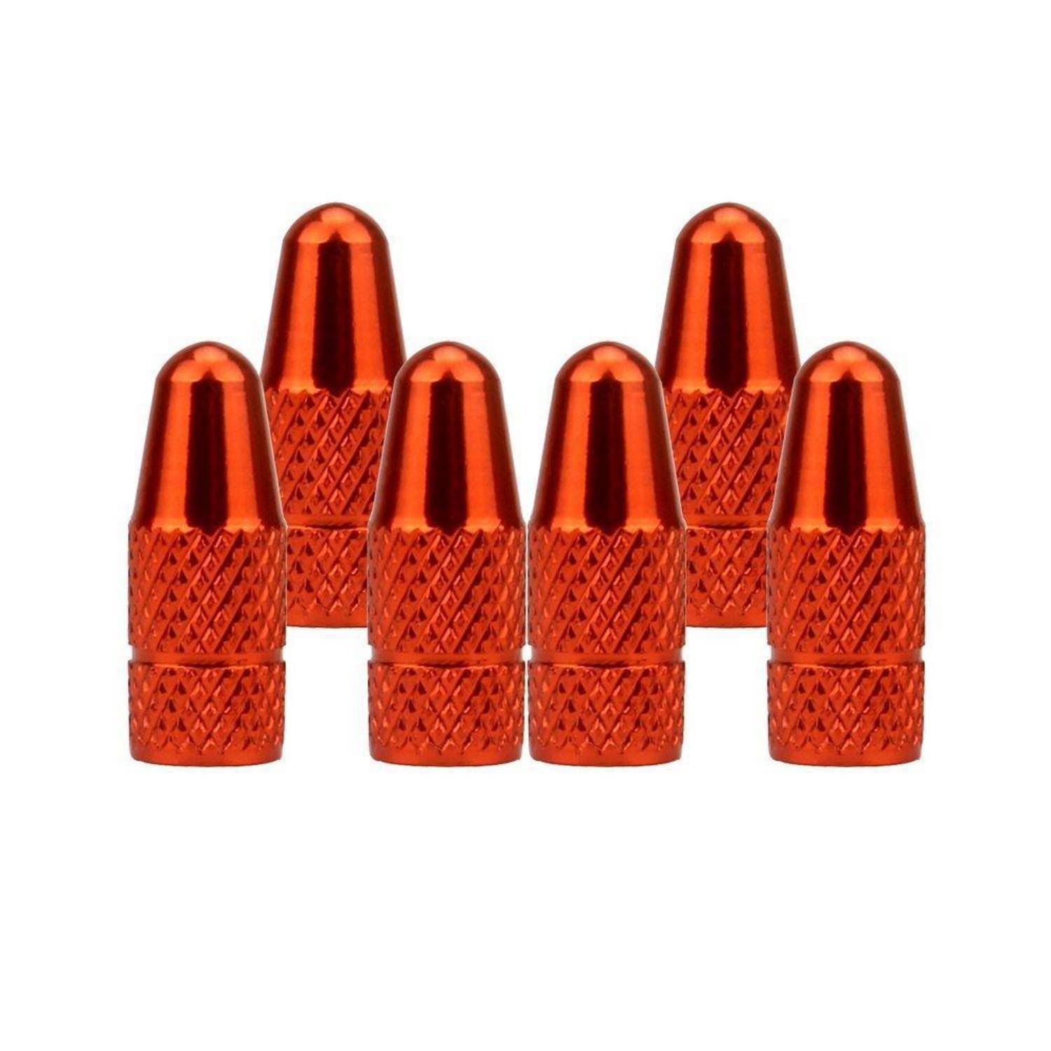 Fünf orange eloxierte Metallventilschaftkappen mit Kugelform und gerillten Griffen, angeordnet in einer Gruppe auf weißem Hintergrund.