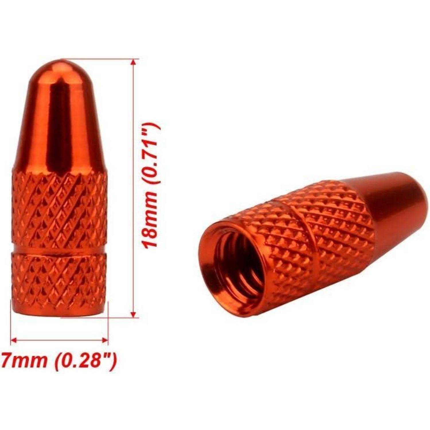 Orangefarbene Metallventildeckel für Autoreifen, aufrecht und seitwärts gezeigt, mit gerilltem Griff; Abmessungen mit 18 mm Höhe und 7 mm Breite gekennzeichnet.
