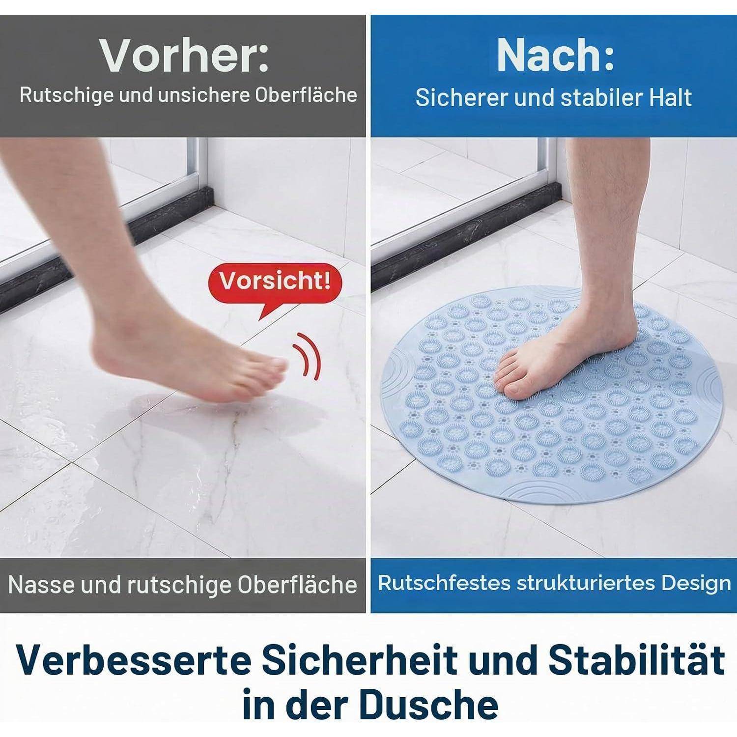 Vorher-und-Nachher-Grafik zur Duschericherheit: Ein nasser Boden ist rutschig, während eine strukturierte blaue Antirutschmatte sicheren, stabilen Halt bietet.