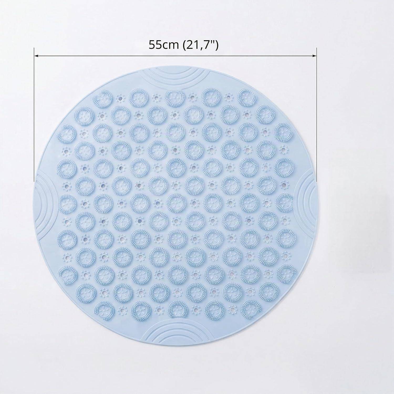 Hellblaue runde Matte mit strukturierter Oberfläche und Messetikett, das einen Durchmesser von 55 cm (21,7 Zoll) anzeigt.