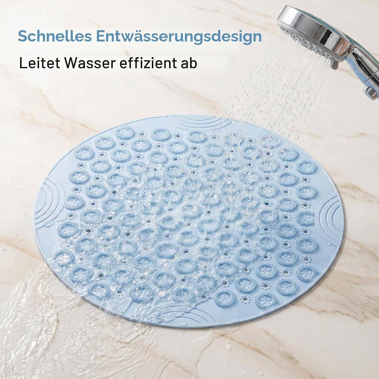 Rundes blaues Duschablaufmatte unter laufendem Duschkopf, mit deutschem Text „Schnelles Entwässerungsdesign