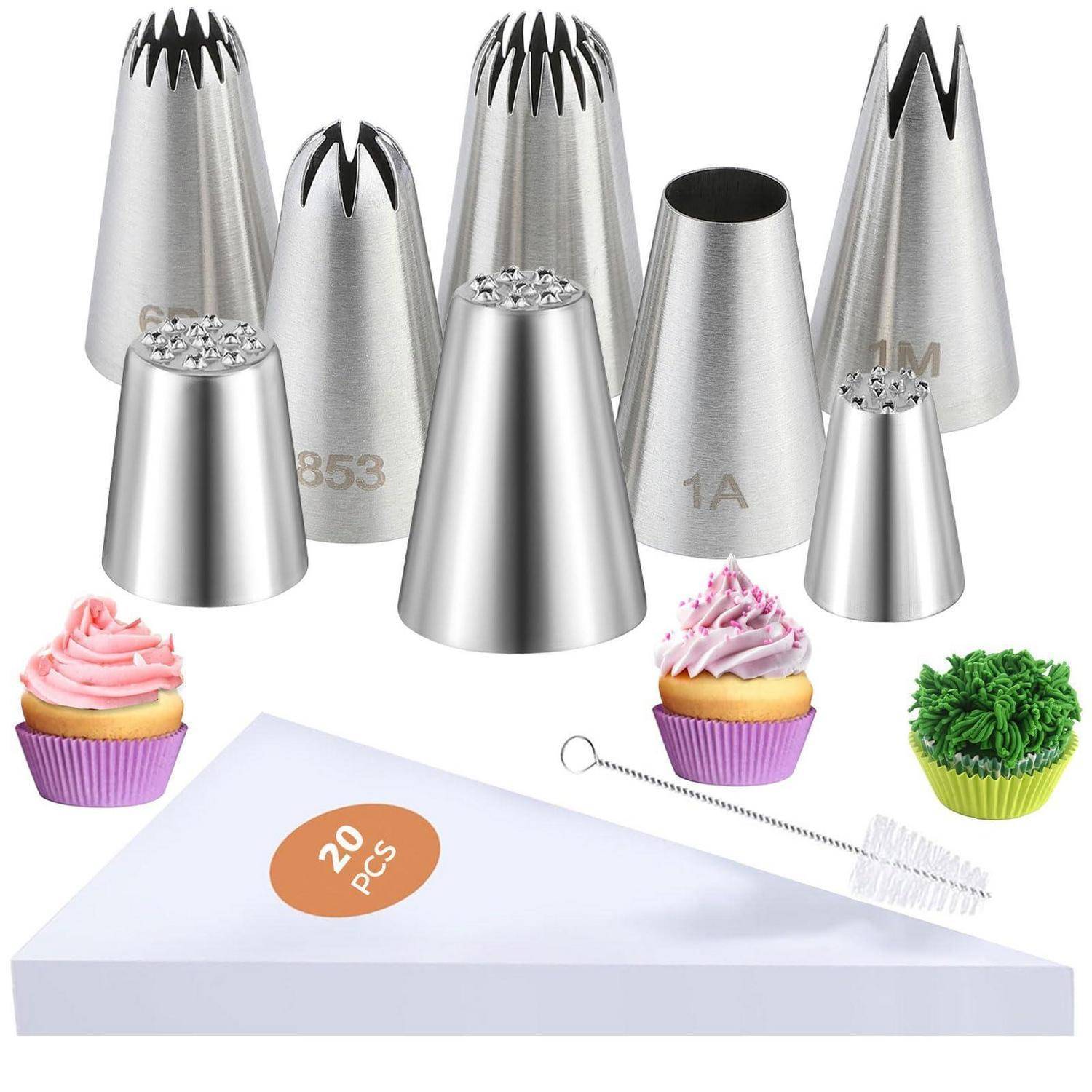Satz von 20 Metall-Spritzbeuteltüllen mit Kuchendekorier-Kupplung und Pinsel, gezeigt mit Beispiel-Cupcakes und einer weißen Aufbewahrungsbox mit der Bezeichnung „20 STÜCK